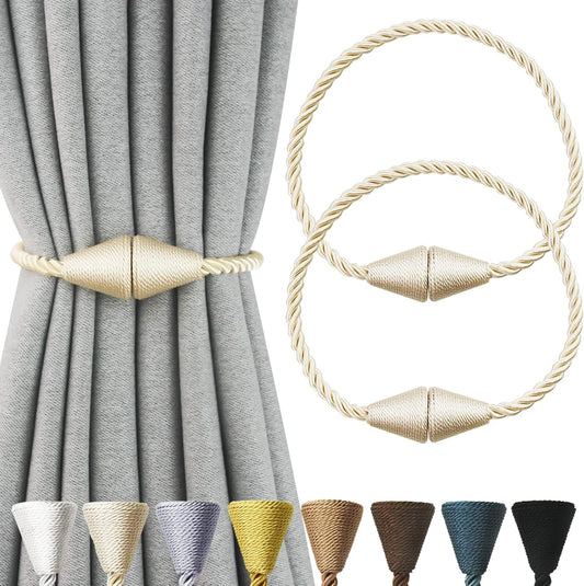 2 Pack Magnetic Curtain Tiebacks Rope Modern Handmade Curtain Tie Backs Decorative Drapes Weave Holdbacks for Window Décor, Beige