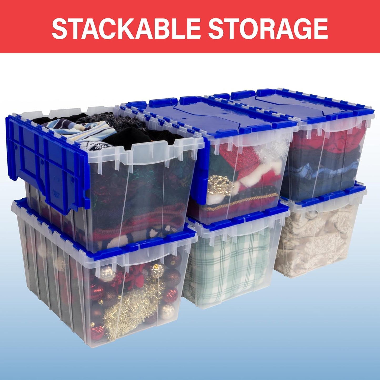 Akro-Mils KeepBox 12 Gallon Storage Container, Nesting and Stackable Plastic Storage Box with Lid Attached, Clear Tote for Garages, Closets, and Moving, 21-1/2" x 15" x 12-1/2", Red/Green, 6-Pack