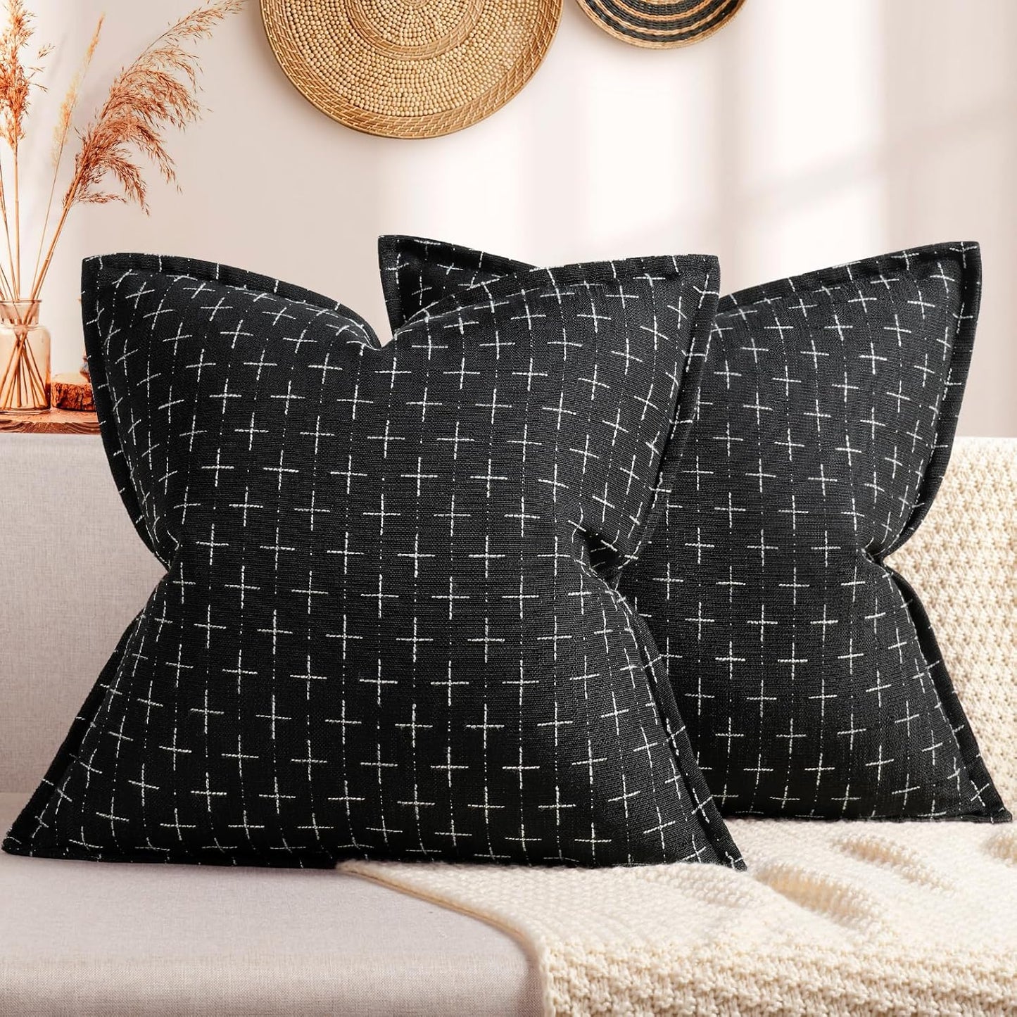 ZWJD Pillow Covers 24x24 Set of 2 Soft Polyester Textured Pillow Covers with Stylish Flange Edge Cozy Farmhouse Throw Pillows for Couch Bed Sofa Living Room