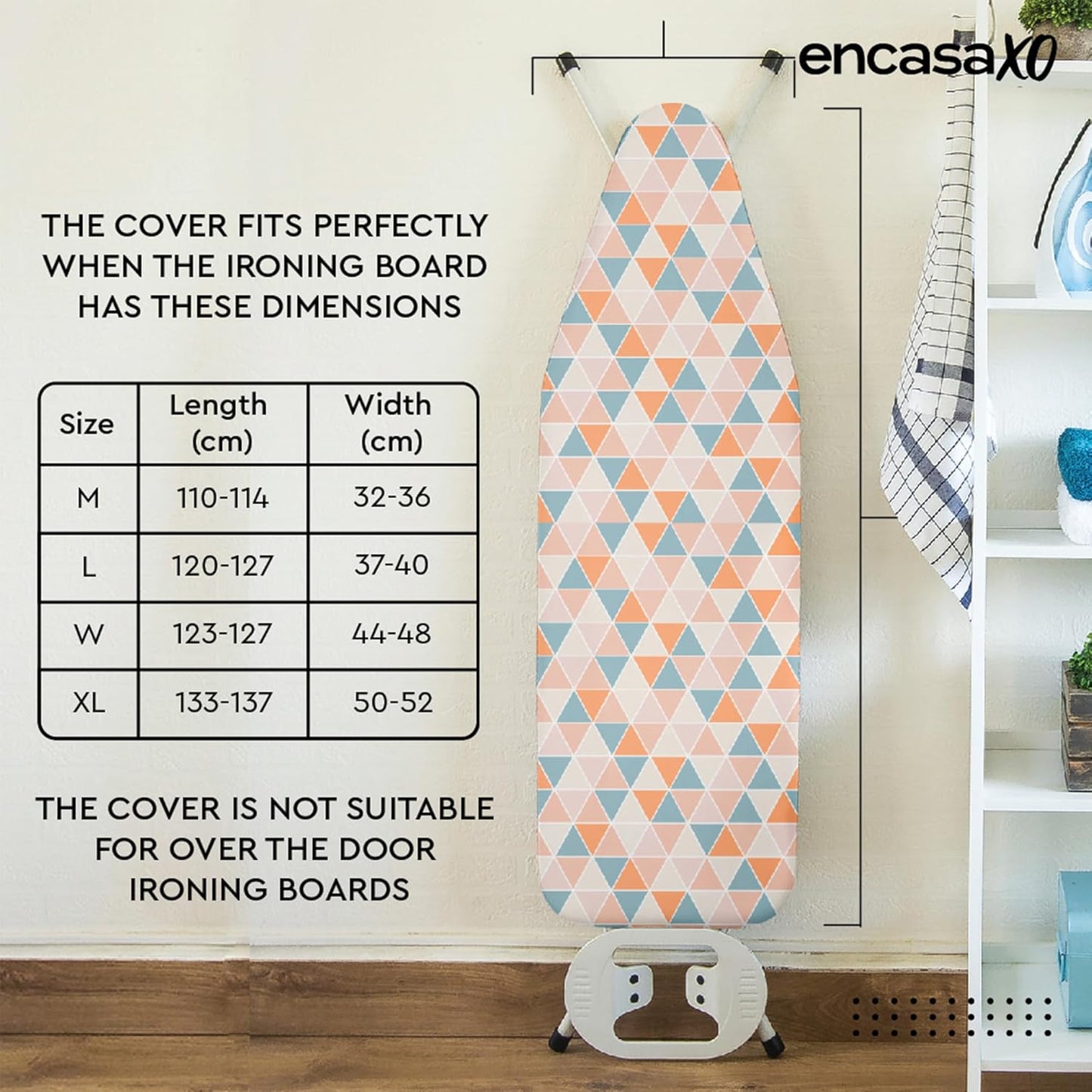 Encasa XO Ironing Board Cover and Pad - Thick 4mm Felt, Heat & Scorch-Resistant, Fits Standard Large Boards 54"x15", Elastic Bungee Cord Tightening, Easy Fit, Stain-Safe Dye, Triangles Aqua