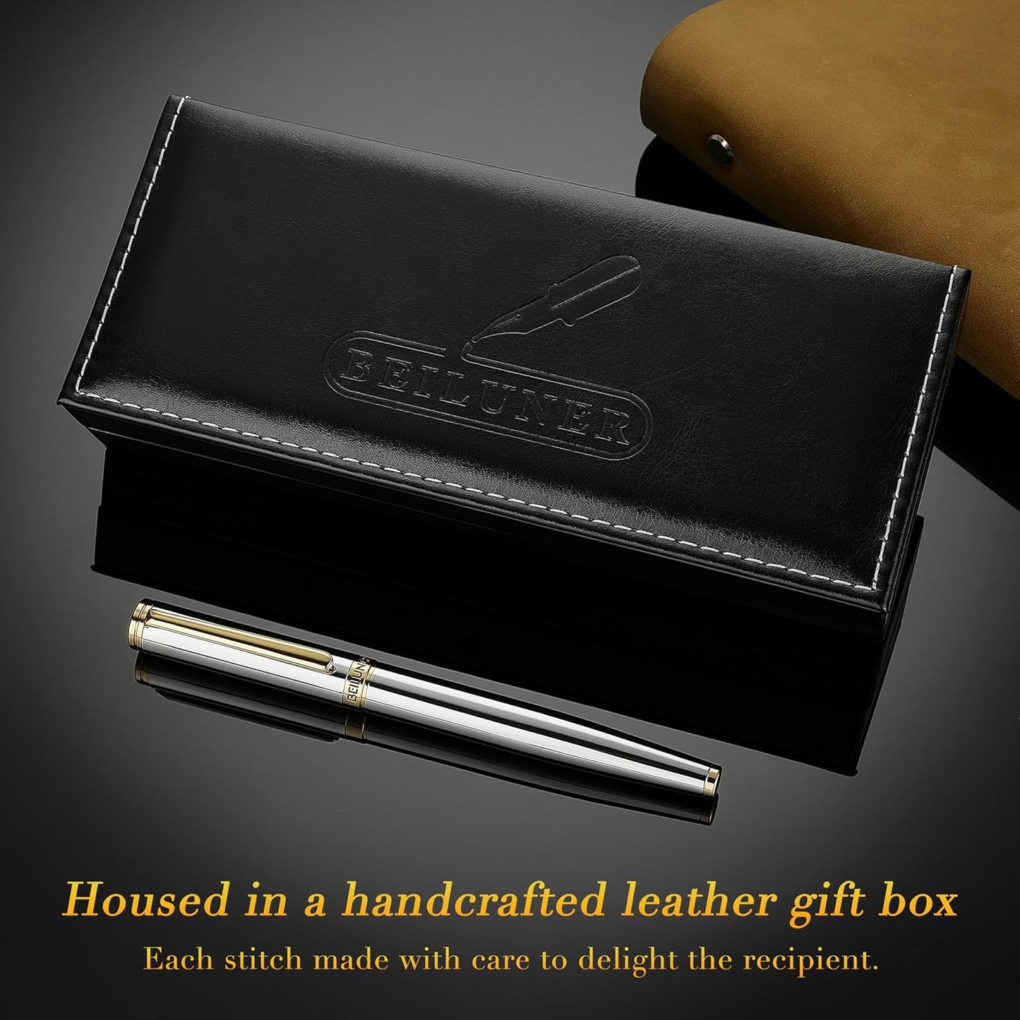 BEILUNER Silver Chrome Fountain Pen,Stunning Luxury Pens with 24K Gold Accents, Gorgeous 24K Gilded Nib(Medium), Ink Converter,Fancy Pen Gift for Men&Women-Elegant, Office, Executive,Nice for Writing