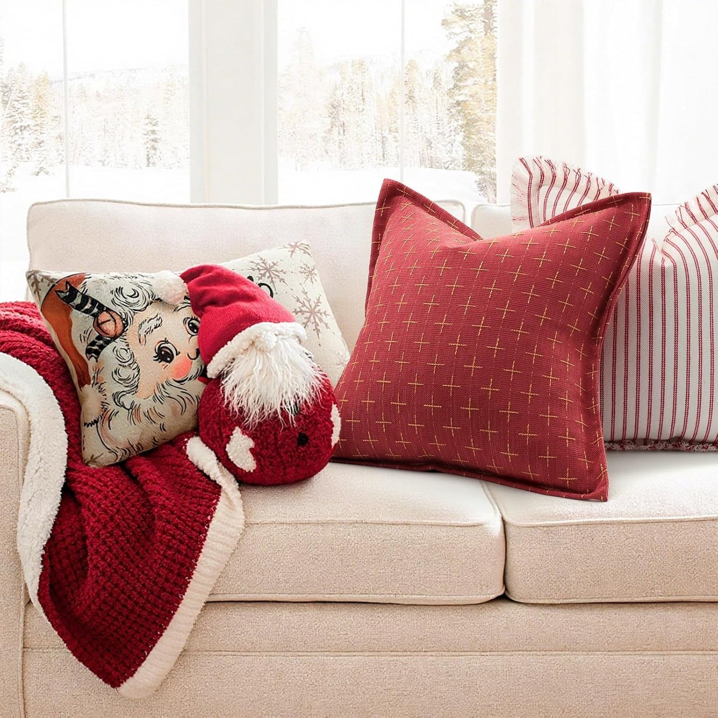 ZWJD Christmas Pillow Covers 22x22 Set of 2 Soft Polyester Textured Pillows with Stylish Flange Edge Cozy Farmhouse Christmas Decor for Couch Bed Sofa Living Room (Red)