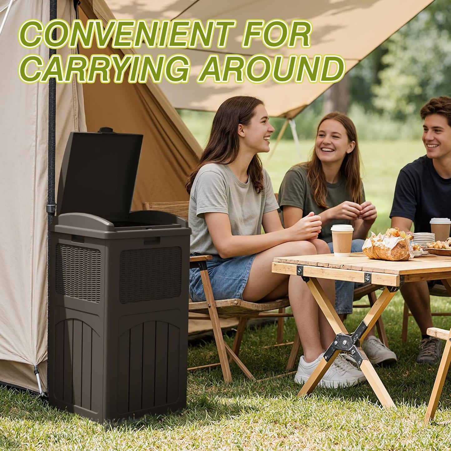 Greesum 33 Gallon Outdoor Trash Can with Lid, Waterproof Resin Garbage Bin for Hideaway, Deck, Patio, 4 Pack, Dark Brown