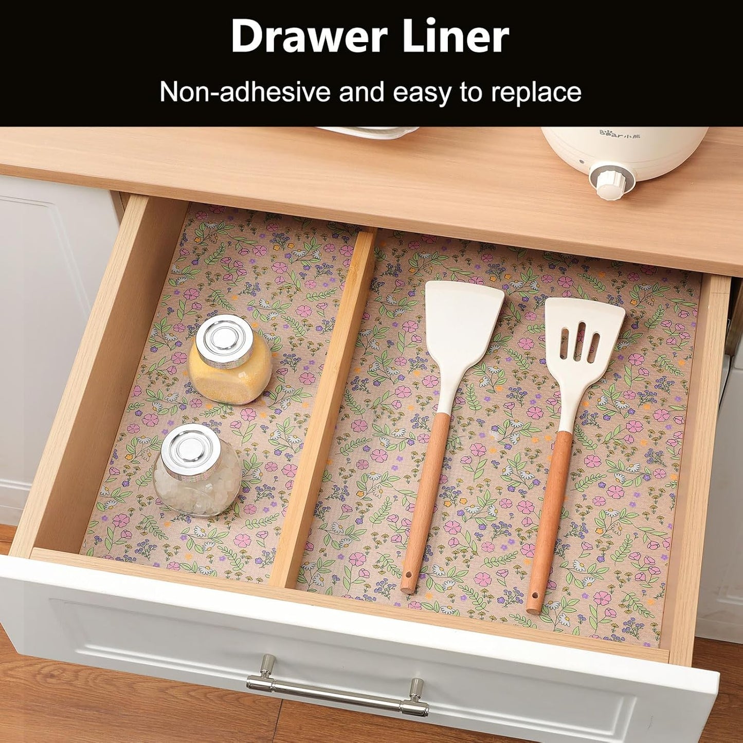INNOLITES Non-Slip Shelf Liner – Cabinet & Drawer Liner Non-Adhesive – Waterproof Oil-Proof – Durable EVA with Floral for Kitchen Cabinets Refrigerator – BPA-Free, Easy to Cut 11.8" x 360"