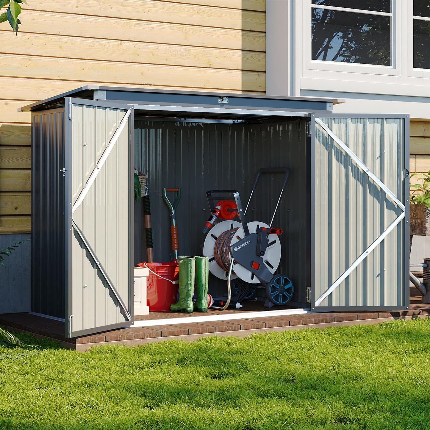 Aoxun 80 CU.FT Outdoor Storage Shed Metal Trash Can Storage with Chain Lid Waterproof Outdoor Garbage Can Organizer, Ideal for 2 Trash Bins, Toys, Garden Tools (Black)