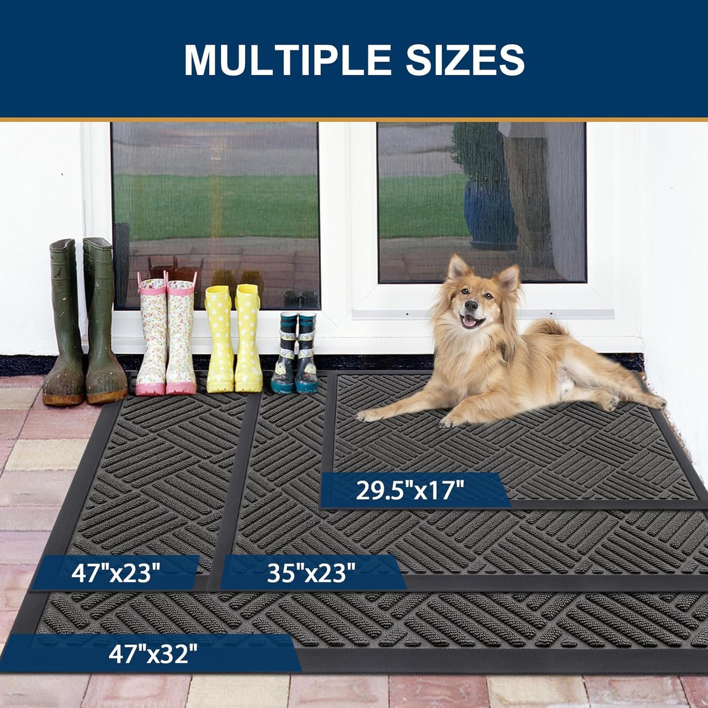 Smiry Front Door Mat Outside Entrance, Heavy Duty Outdoor Indoor Natural Rubber Doormat, Non Slip, Trap Dirt and Moisture, Easy Clean, Low Profile Patio Porch Entryway Mat, 59x35, Grey