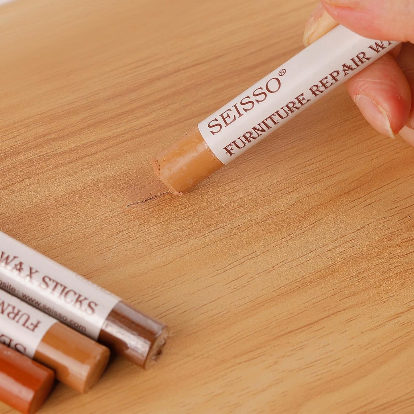 SEISSO Wood Filler Sticks- 6 Pcs, Furniture Repair Wax Crayons, Furniture Marking Repair - Scratch, Cracks, Hole, Table, Wood Floor, Guitar - Heartwood Cherry/Red Brown/Nutmeg
