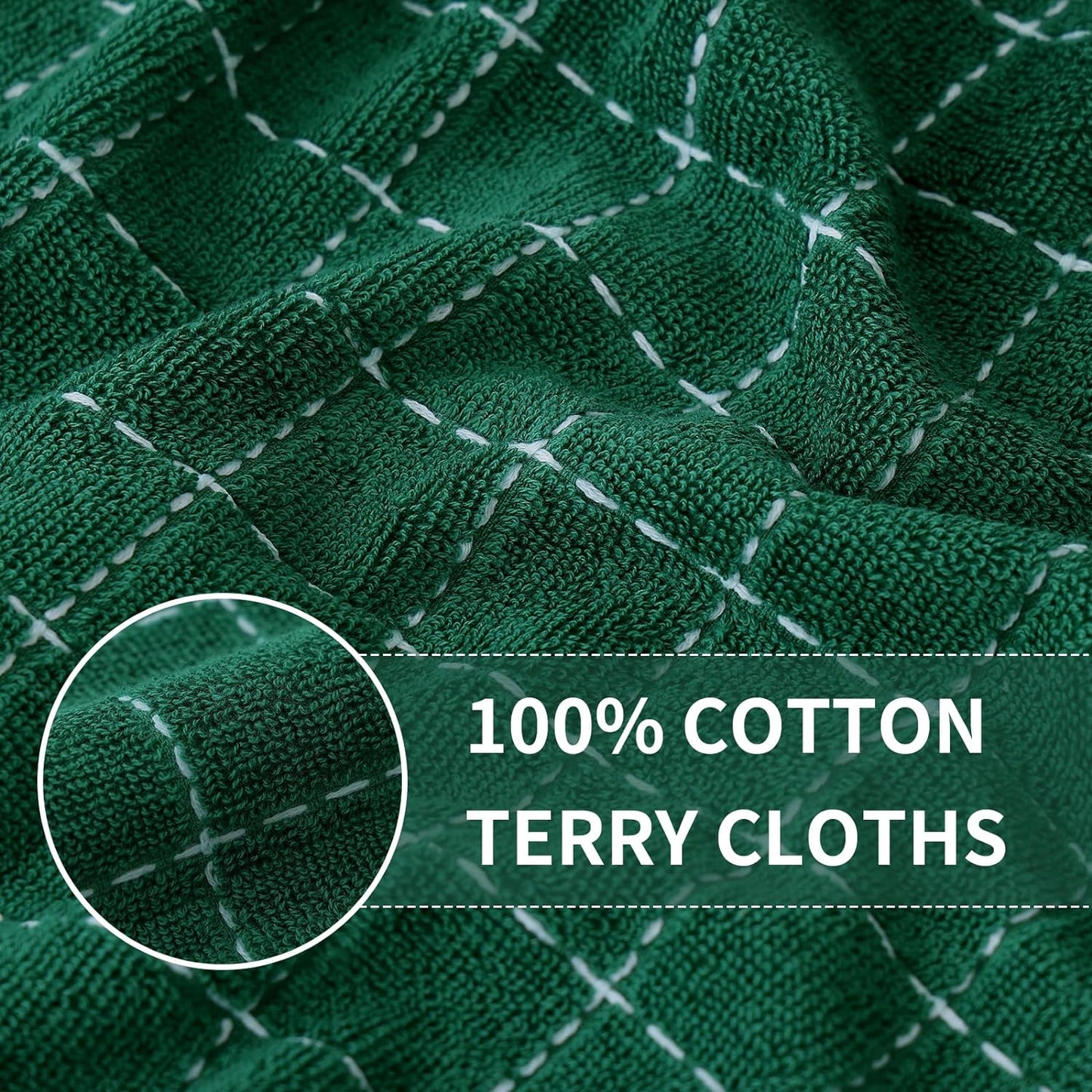 Homaxy 100% Cotton Terry Kitchen Towels(Dark Green, 13 x 28 inches), Checkered Designed, Soft and Super Absorbent Dish Towels, 4 Pack