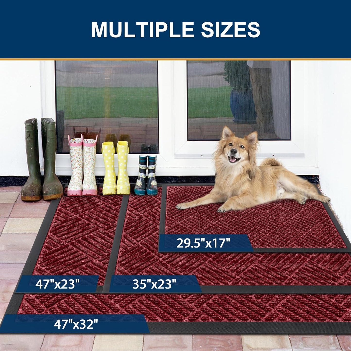 Smiry Front Door Mat Outside Entrance, Heavy Duty Outdoor Indoor Mat, Natural Rubber Doormat, Non Slip, Trap Dirt and Moisture, Easy Clean, Low Profile Patio Porch Entryway Mat, 47x23, Wine Red