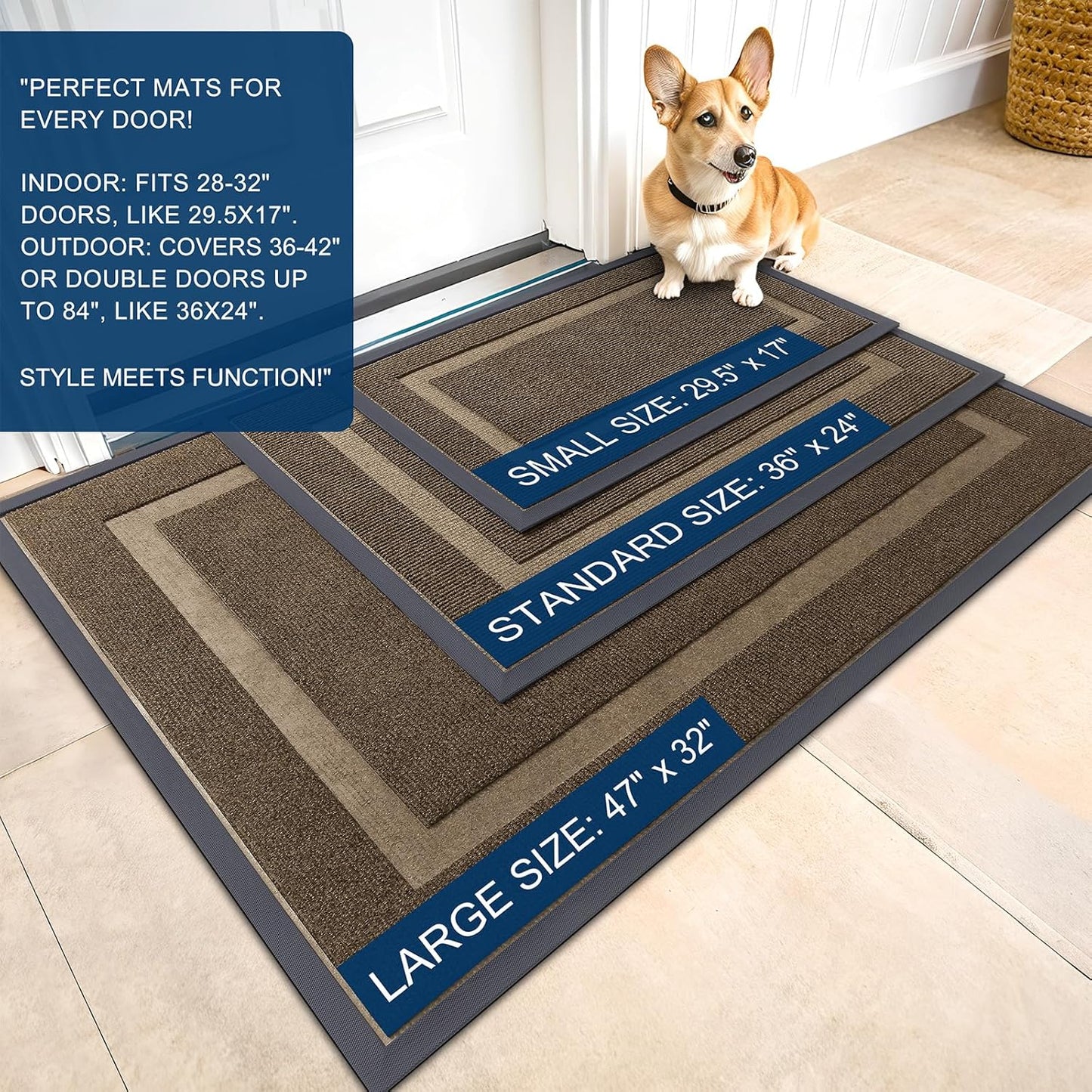 OLANLY Front Door Mat Indoor Outdoor Entrance, Waterproof All-Season, All-Weather Doormat, Sturdy Natural Rubber, Fade Resistant, Low Profile, Easy Clean Patio Porch Entryway Mat, 71x23, Brown