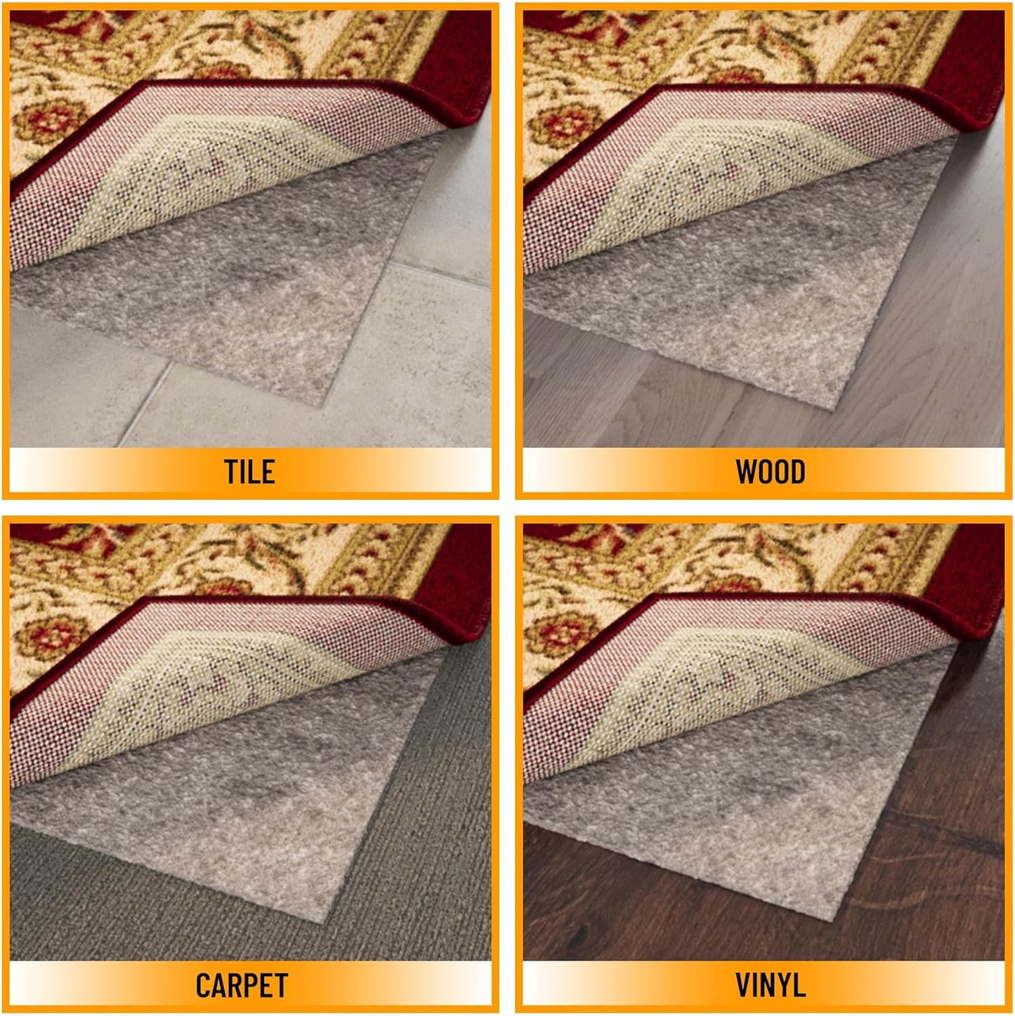 Ottomanson 6' x 8' Non-Slip Rug Pad Gripper 1/4 Inch Thick Dual Surface Felt + Rubber Gripper - Safe for All Floors, Brown
