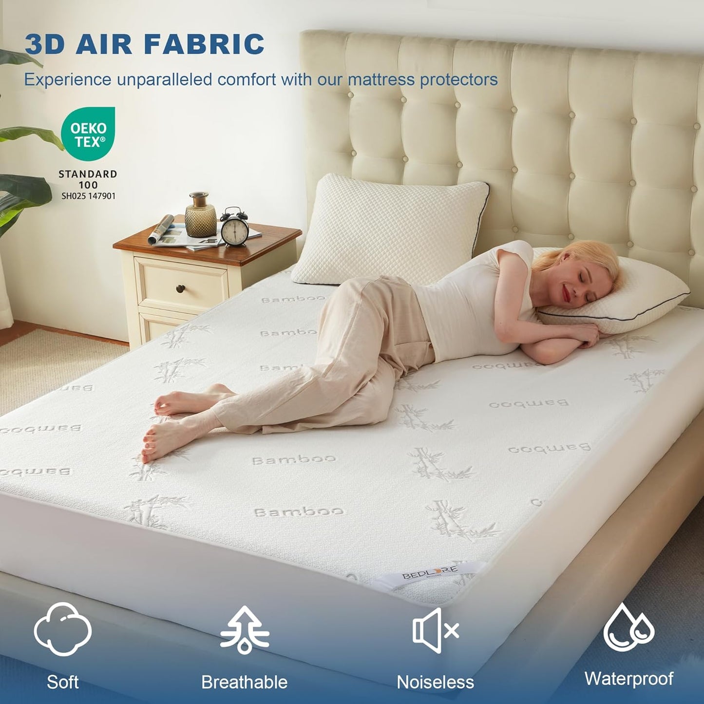Waterproof Queen Size Mattress Protector, Mattress Pad Fitted 6"-18" Deep Pocket, 3D Air Fabric Bed Mattress Cover Noiseless Washable for Bedroom, Hotel