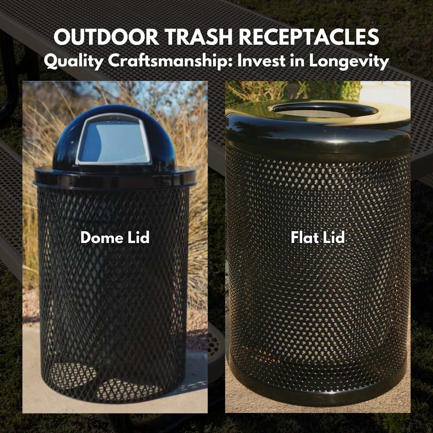 COATEDOUTDOORFURNITURE RFT-TXTGRN Heavy Duty Round Trash Receptacle with Flat Top, Liner Included, 32 Gallon, Textured Green, Made in America