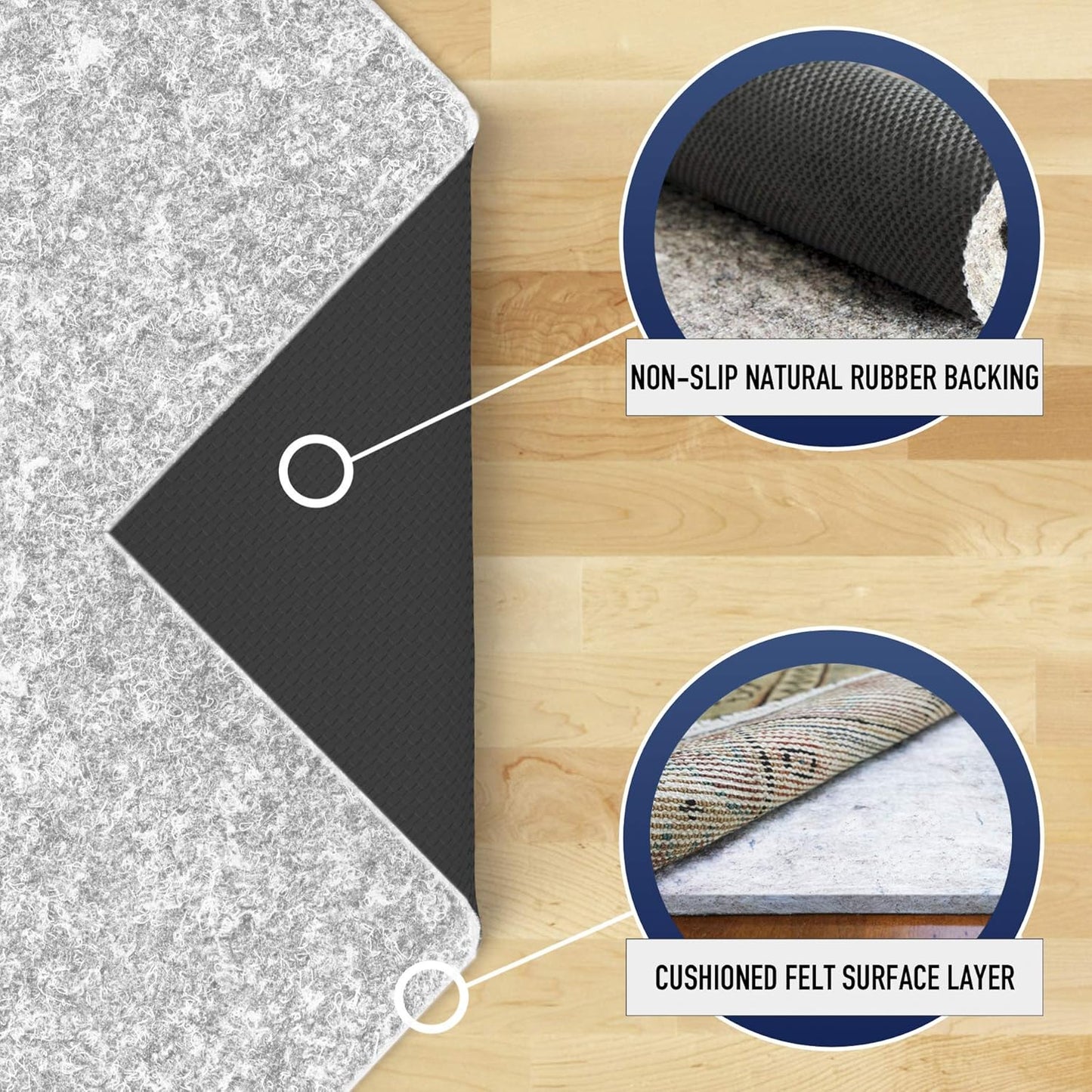 RUGPADUSA - Dual Surface - 12' Square - 1/4" Thick - Felt + Rubber - Non-Slip Backing Rug Pad - Safe for All Floors
