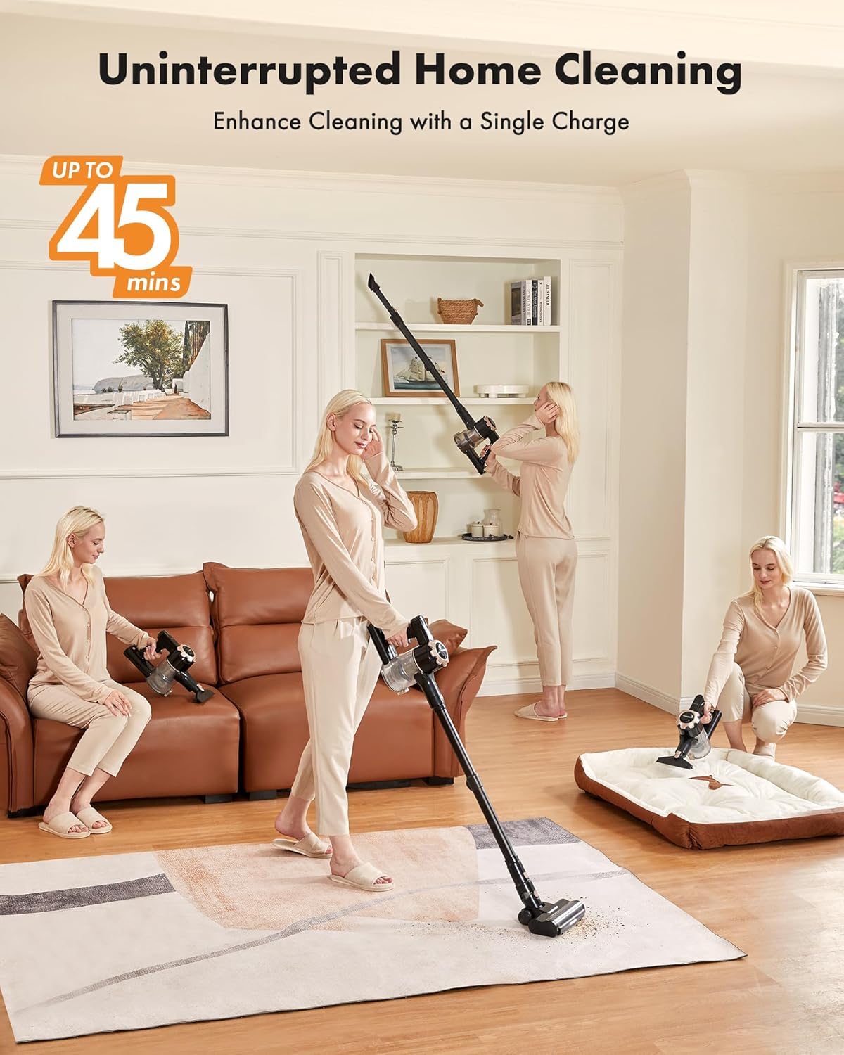 Cordless Vacuum Cleaner, 8-in-1 Lightweight Stick Vacuum with 45mins Runtime, Powerful Suction, Rechargeable Cordless Vacuum for Carpet, Tile, Pet Hair, Hardwood Floors, Black