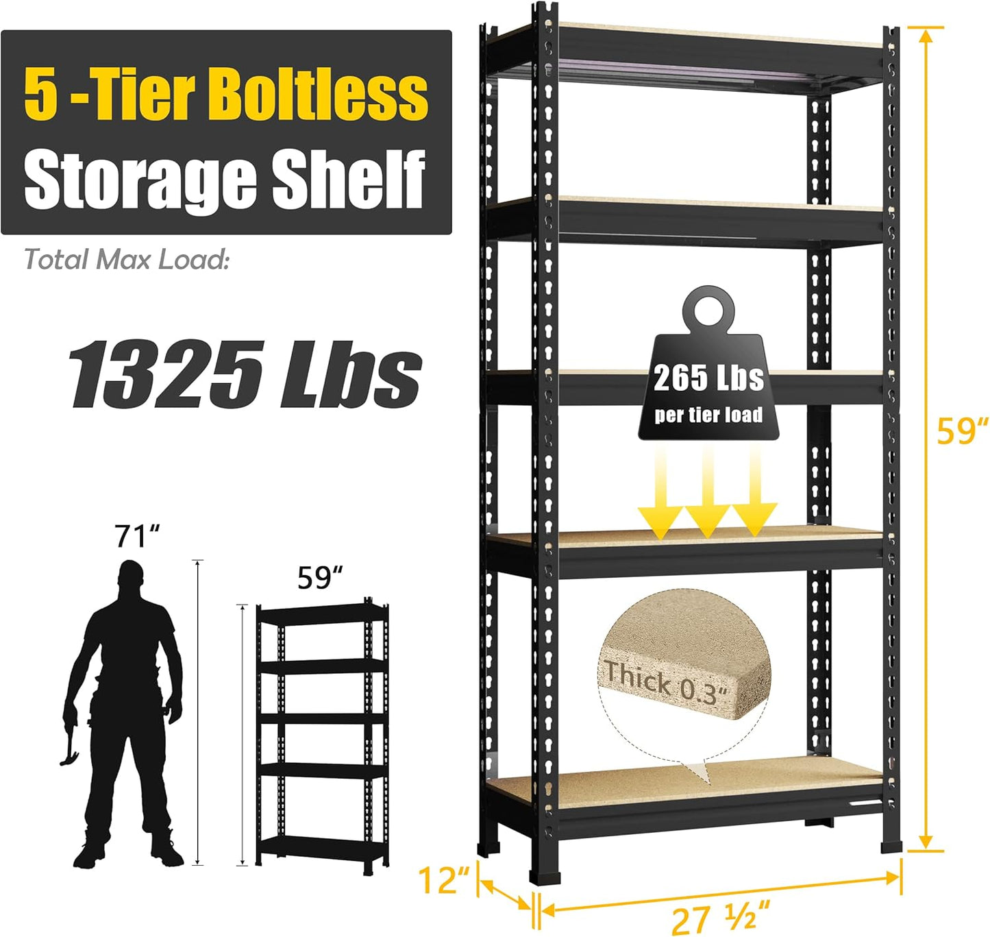 PrimeZone Storage Shelves 2 Pack 5 -Tier Heavy Duty Shelf, 1325 lbs /Pack Capacity Adjustable Metal Garage Storage Rack, Shelving Unit Rack 28" x 12" x 59" for Warehouse Pantry Closet Kitchen Black