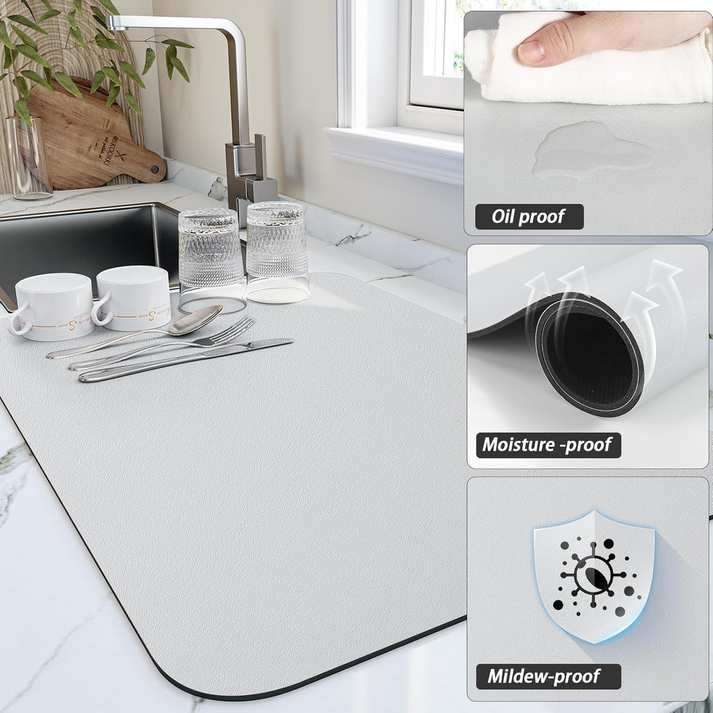 Dish Drying Mat for Kitchen Counter, Heat Resistant Drainer Mats with Non-slip Rubber Backed, Hide Stain Kitchen Super Absorbent Draining Mat, Easy to Clean Dish Rack Pad, Light Grey 16"x18"