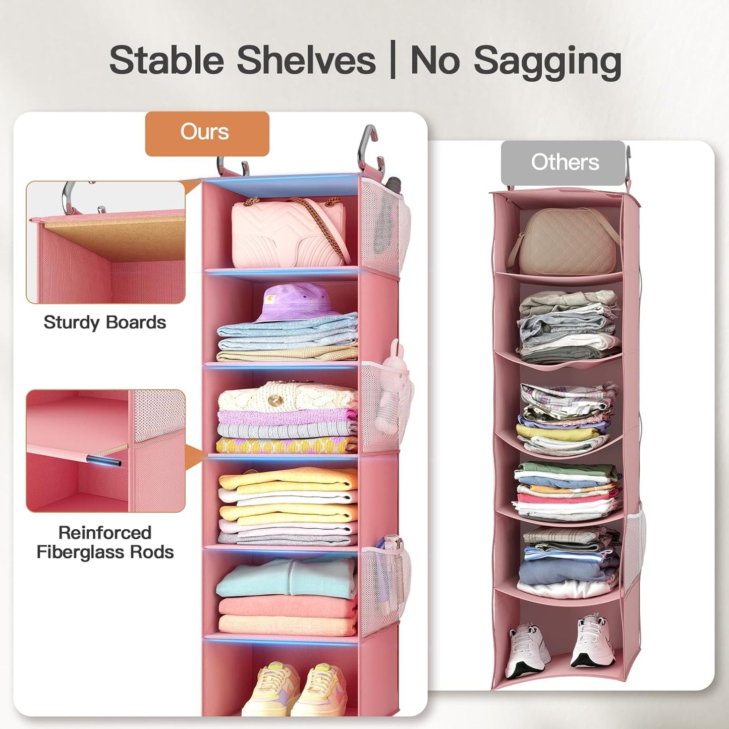Pipishell Hanging Closet Organizer 6-Shelf, Hanging Shelves for Closet with 3 Removable Drawers & Side Pockets, Hanging Shelf Organizer for Bedroom or Garment Rack, 12'' x 12'' x 43.3'', Pink