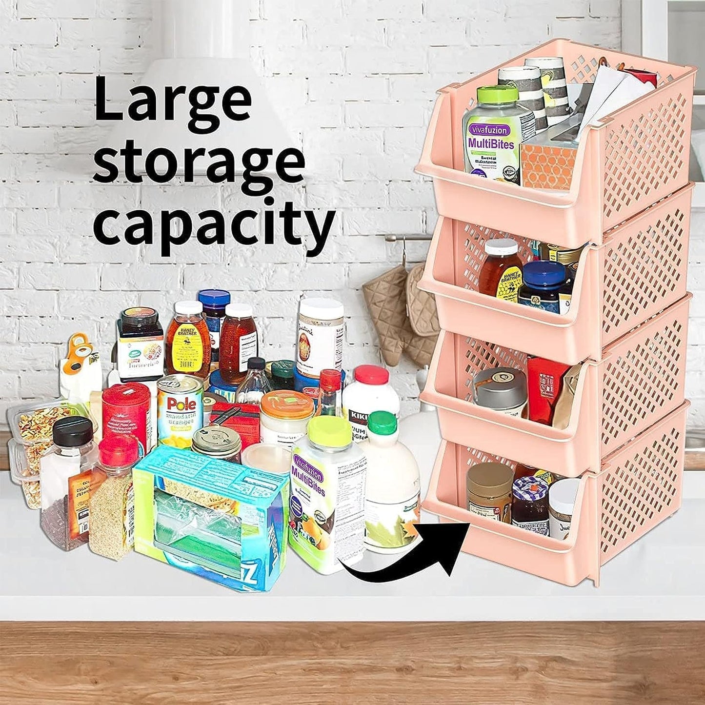 Skywin Stackable Storage Bins for Pantry, 12 Pack Stackable Bins For Organizing Food, Kitchen, and Bathroom Essentials (Light Pink)