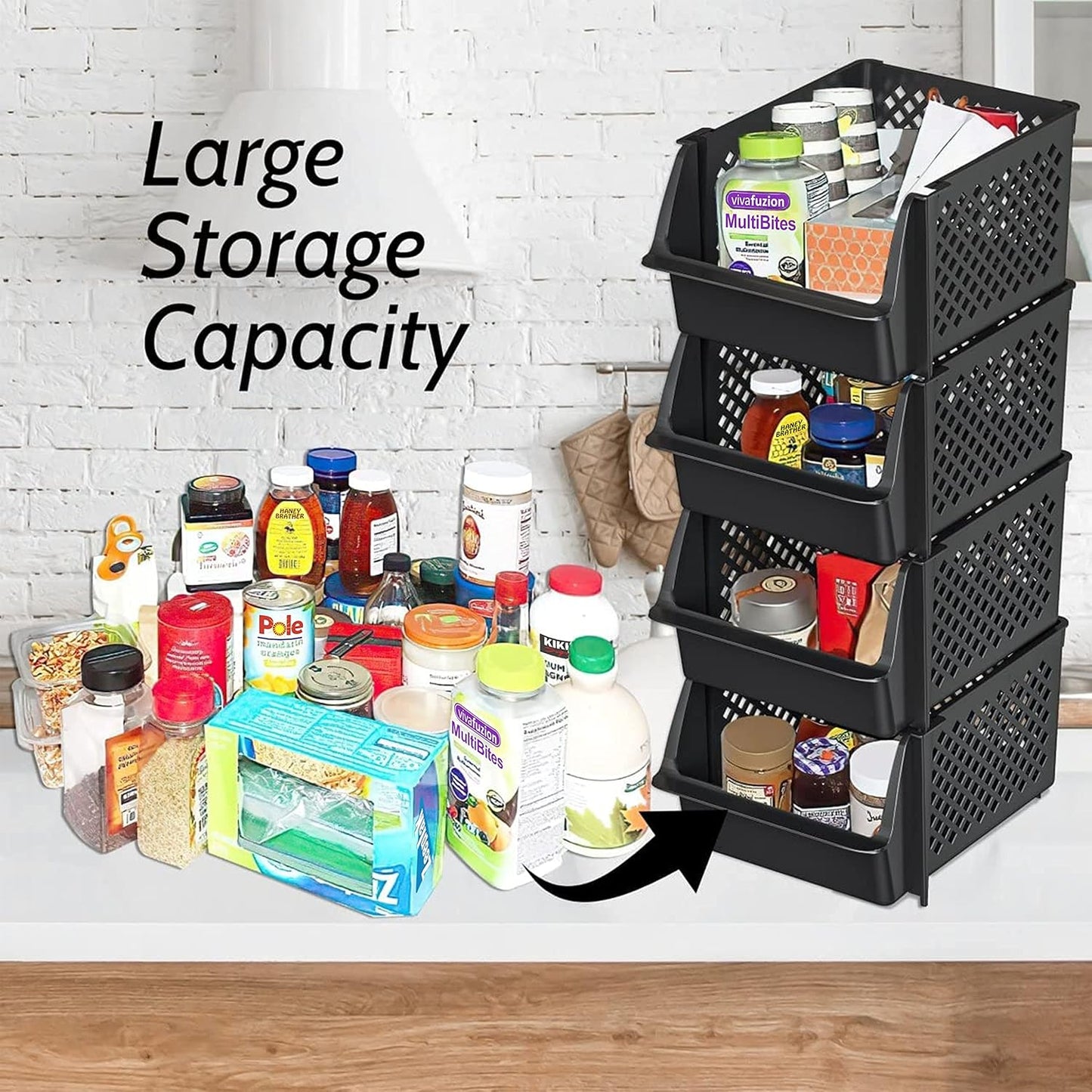 TidyFriend Plastic Stackable Storage Bins for Pantry - 8 Pack Stackable Bins For Organizing Food, Kitchen, and Bathroom Essentials (Black)