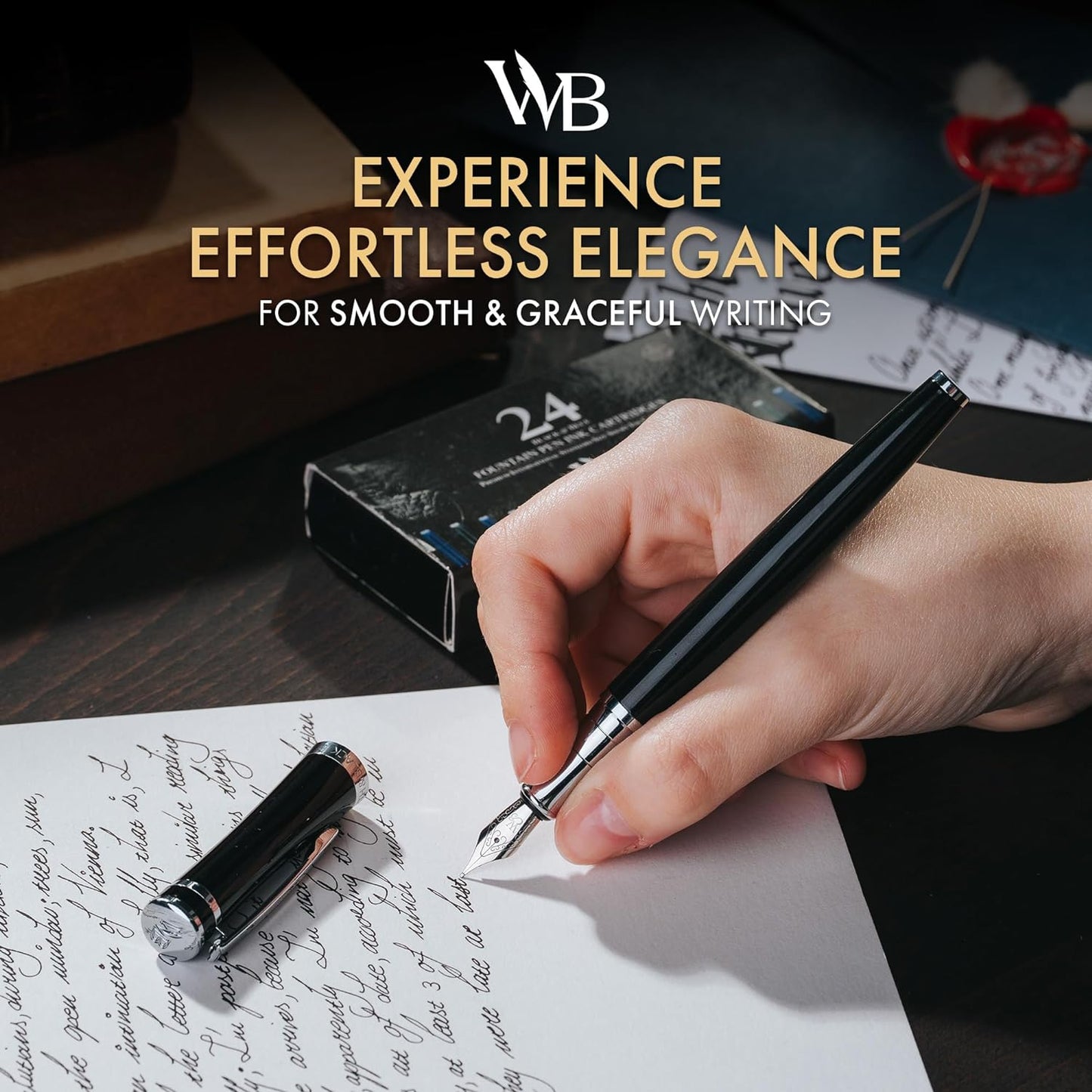 Wordsworth & Black Fountain Pen Set, Medium Nib, Includes 24 Ink Cartridges and Ink Refill Converter, Gift Case, Journaling, Calligraphy, Smooth Writing Pens [Black Chrome], Perfect for Men and Women