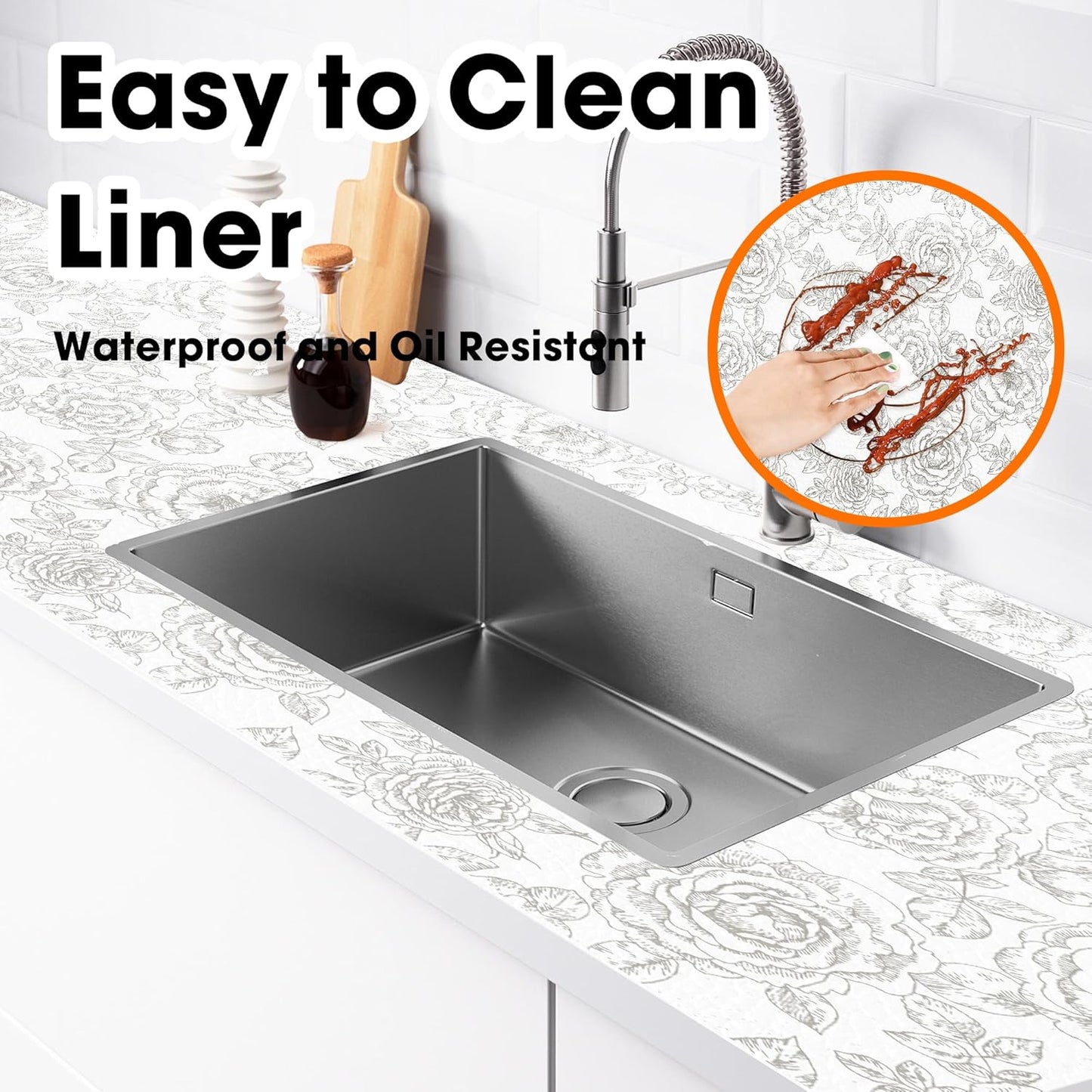 Drawer and Shelf Liners for Kitchen Cabinets Non-Adhesive Cabinet Liners Strong Grip Non Slip Waterproof Contact Paper for Cabinets and Drawers Shelves Cupboard,Flower,12IN X 20FT