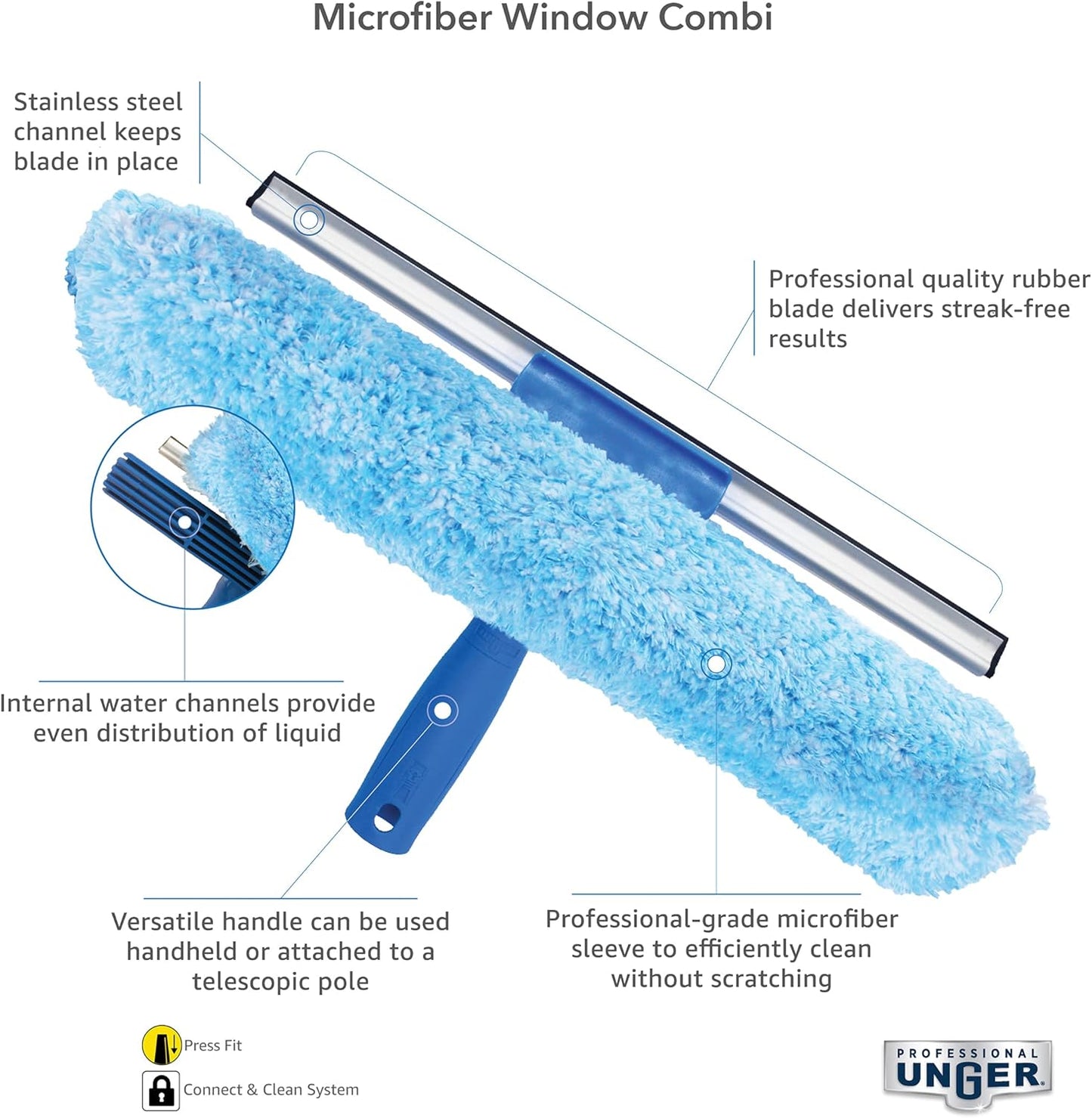 Unger Professional 2-in-1 Squeegee & Scrubber - 14” Window Cleaning Tool – Cleaning Supplies, Squeegee for Window Cleaning, Commercial & Residential Use, Microfiber Sleeve (Pack of 10)