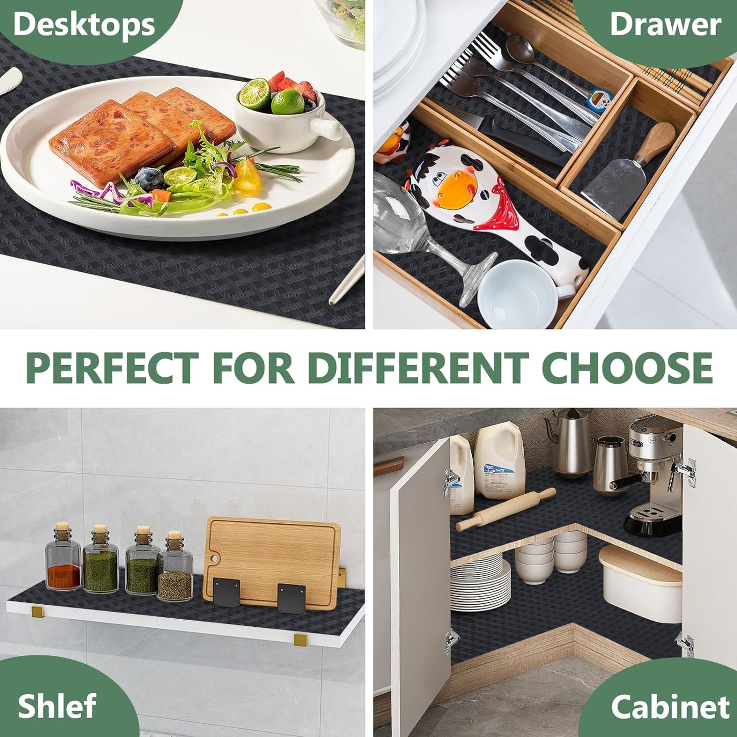 Shelf Liners, Non-Adhesive Drawer Liner, Waterproof & Oil-Proof Kitchen Cabinet Cupboard Liner Plastic EVA Material BPA Free Fridge Liner Mats Paper Protector for Shelves (Black/24in x 240in)