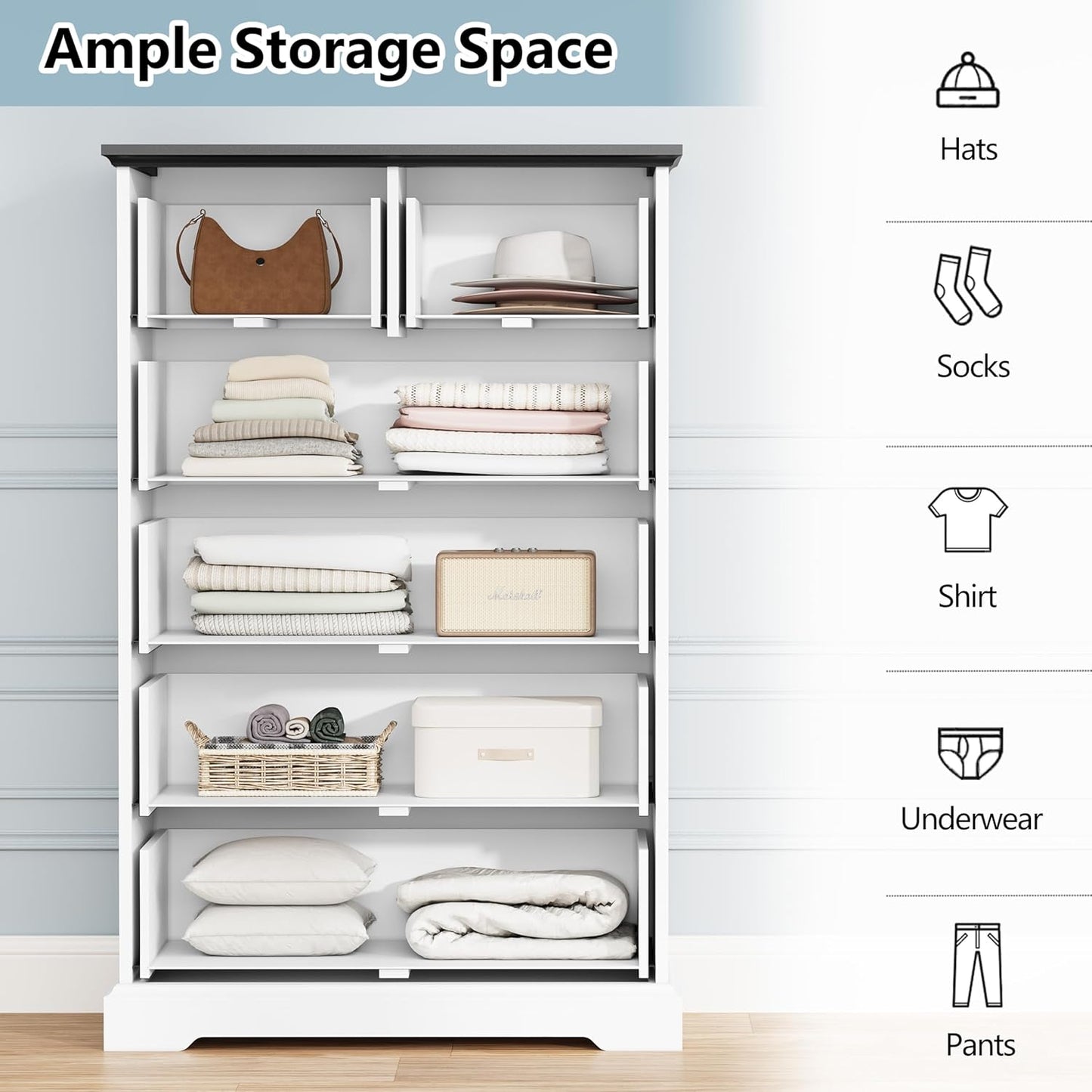 6 Drawer Dresser for Bedroom, 43" Tall Wooden Chest of Drawers, Rustic Farmhouse Dresser with Large Drawers & Metal Handles, Modern Storage Organizer for Closet, Living Room, Hallway, White