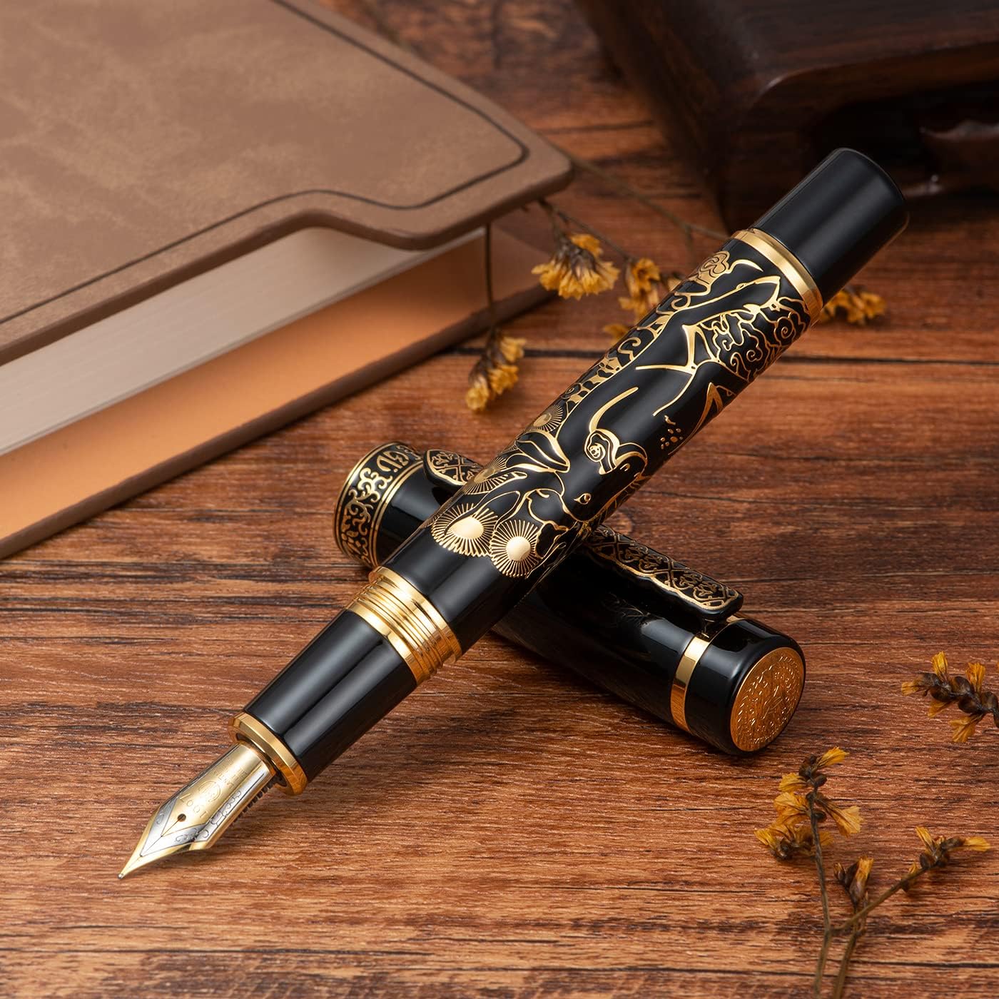 Hongdian 8037 Chinese Classical Fountain Pen, Iridum Fine Gold Nib with Chinese Deer Totem Design, Smooth Writing Pen with Ink Converter and Metal Pen Box Set