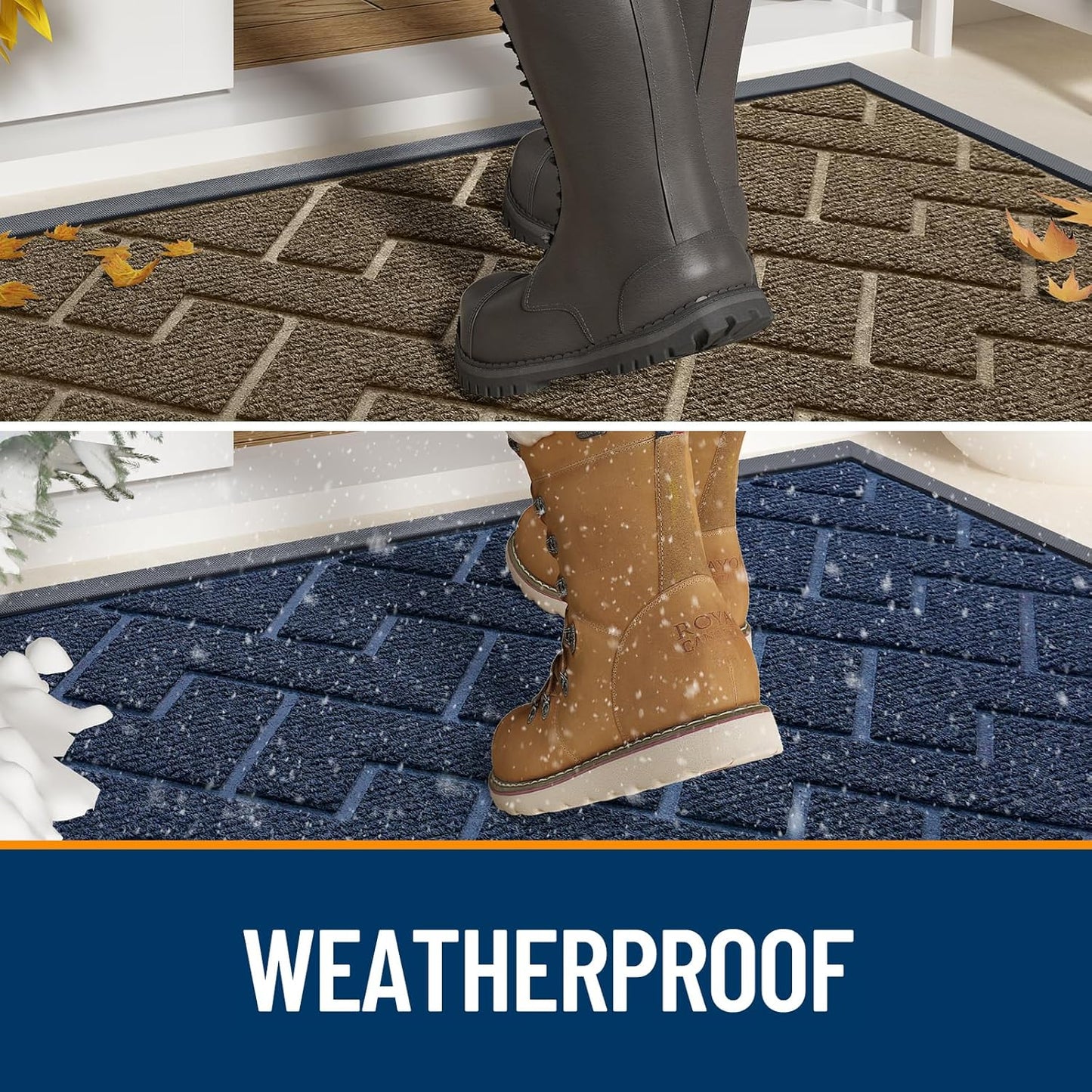 OLANLY Front Door Mat Indoor Outdoor Entrance, Waterproof All-Season, All-Weather Doormat, Sturdy Natural Rubber, Low Profile, Easy Clean Patio Porch Entryway Mat, Herringbone Brick (Brown, 59x35)