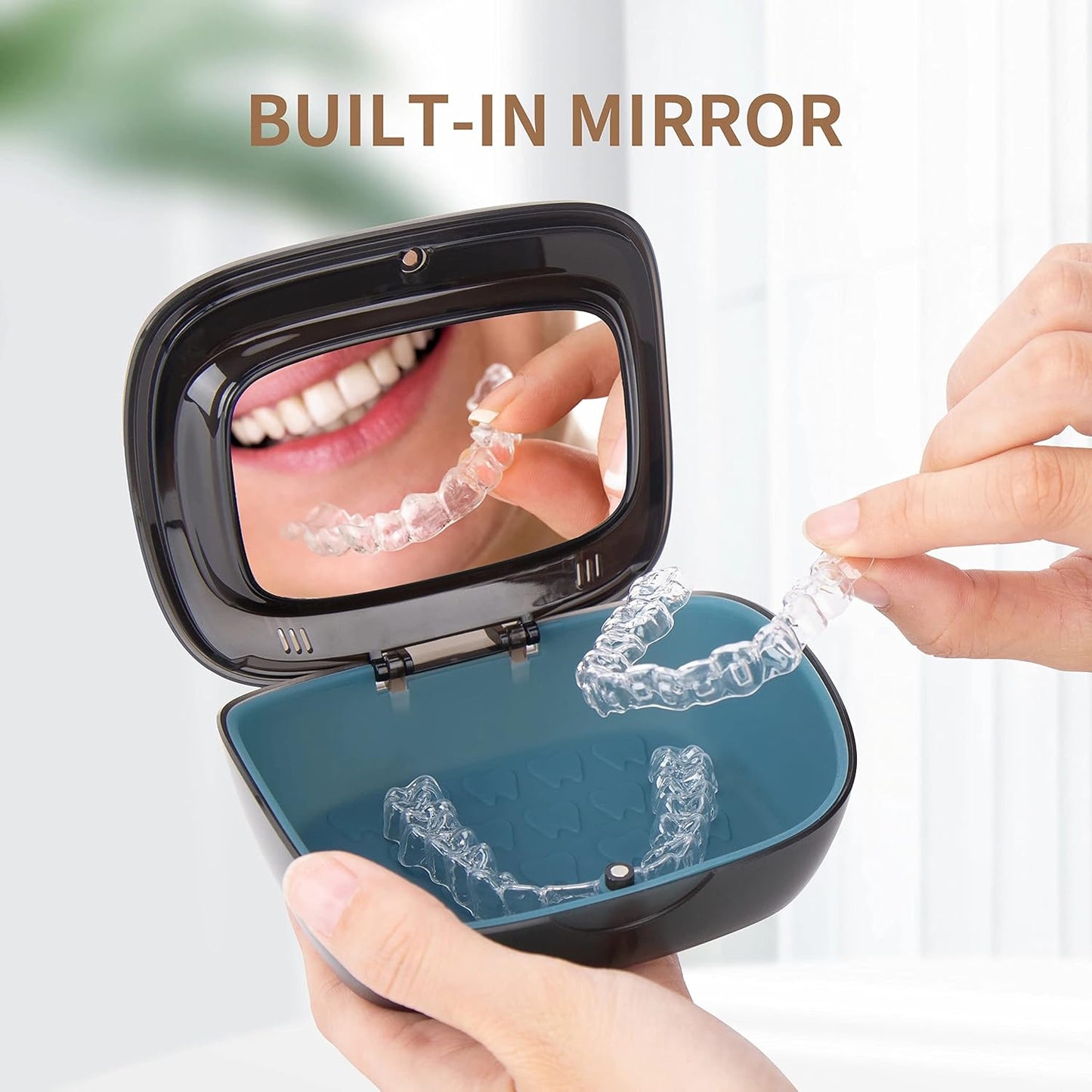 MURRI&MURRDI Retainer Case, Denture Bath Box with Strainer Basket, Mouth Guard Case, Braces Cleaner Cup, Cute Denture Holder Retainer Storage Soak Container for Travel Cleaning (C Black)