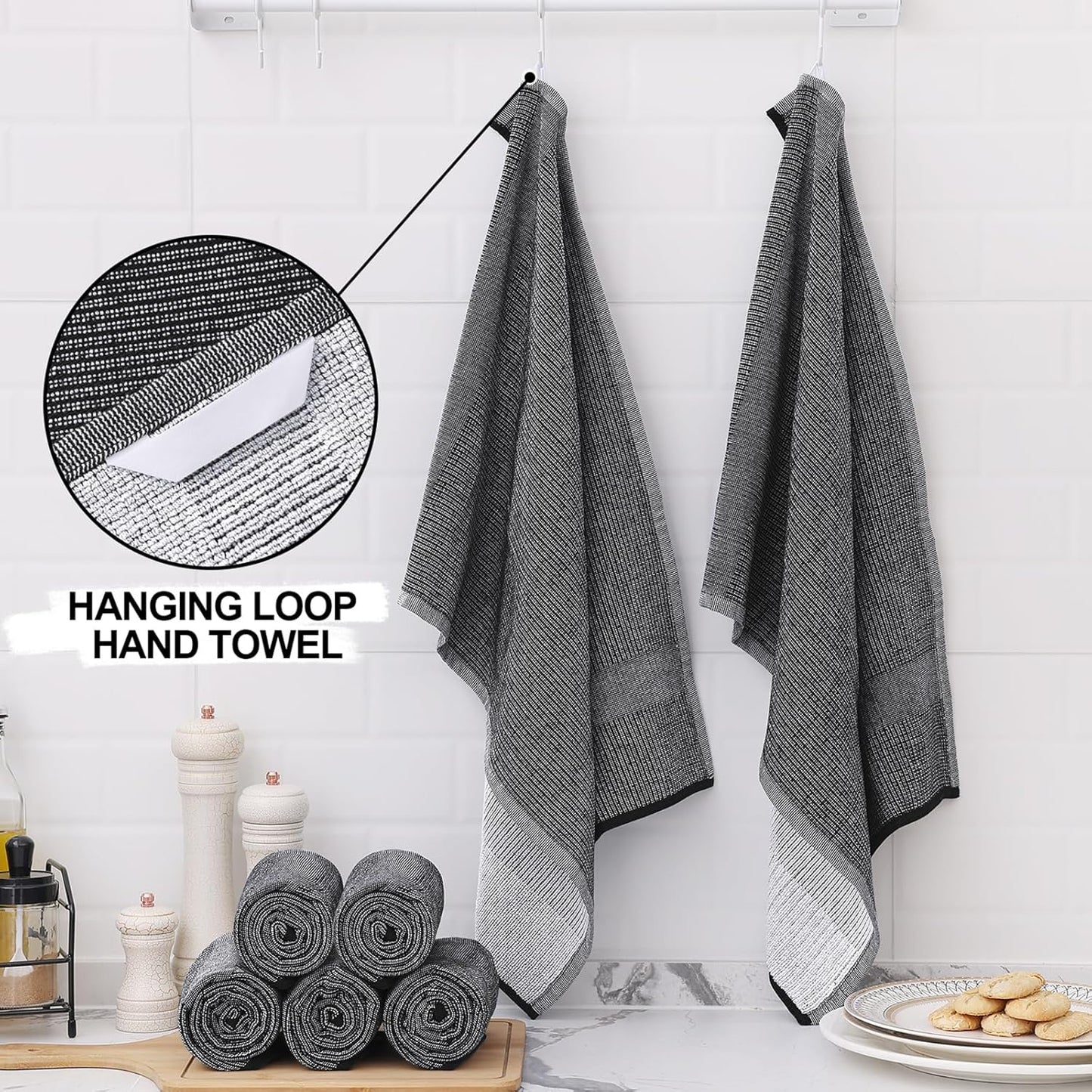 Homaxy Premium Kitchen Towels(18”x 28”, 12 Pack), Large Cotton Kitchen Hand Towels, Flat and Terry Dish Towels, 380 GSM Highly Absorbent Tea Towel Set with Hanging Loop, Black