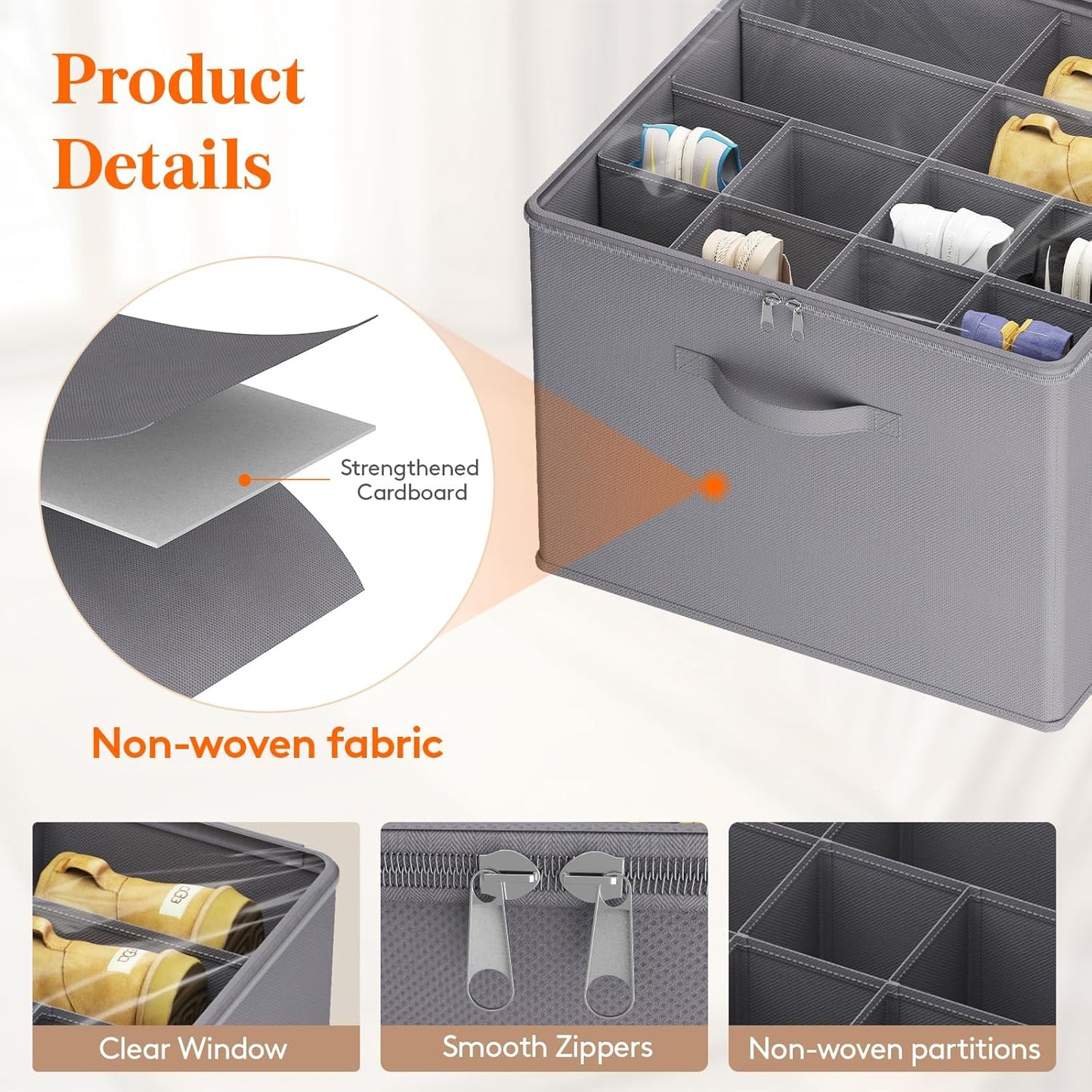 Lifewit Shoe Storage Organizer for Closet Fits 12-16 Pairs, Fabric Large Shoe Box Storage Containers with Clear Cover, Foldable Bins Fit for Boots Heels Sneakers 17"(L) x 17"(W) x 12.5"(H) 3 Pack Gray