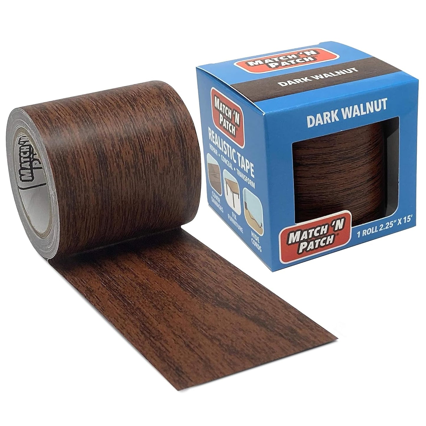 MATCH 'N PATCH Realistic Wood Grain Repair Tape - Durable Multi-Use Adhesive Tape for Furniture, Floors, Cabinets, Windows, Doors, RV, Home Decor & DIY Projects - Dark Walnut, 2.25 in x 15 feet