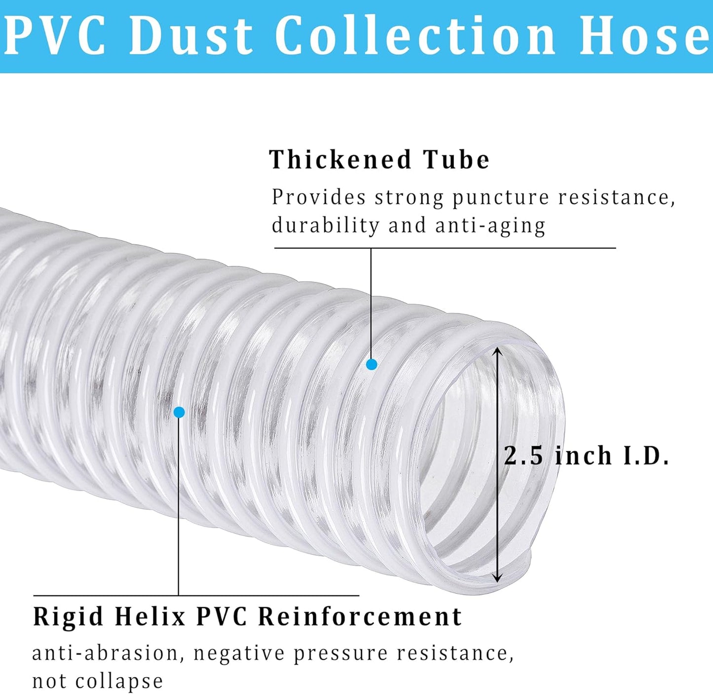 Dust Collection Hose 2-1/2 in × 10 ft Heavy Duty Clear Flexible PVC Reinforced Thicken Helix Suction Discharge Corrugated Pipe Hose for Fume Dust Collector Fitting Wood Chip Saw (2.5 inch hose)