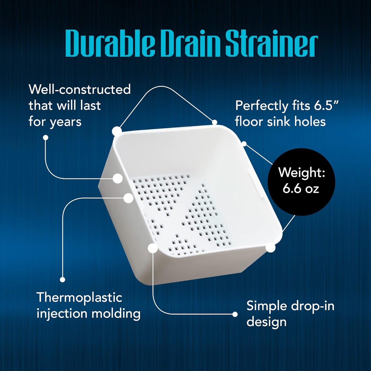 6.5-inch Floor Drain Cover Alternative, Square Sink Drain Basket for Restaurants, Home and More, Commercial Sink Strainer with 0.19-inch Holes, Versatile Plastic Drain Screen Basket