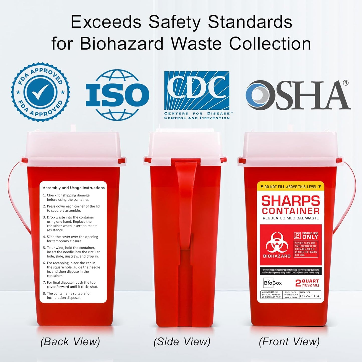 Sharps Container Large - Sharps Containers for Home Use and Labs - Portable Needle Disposal and Travel Size Biohazard Bin - 2 Quart (Pack of 3)