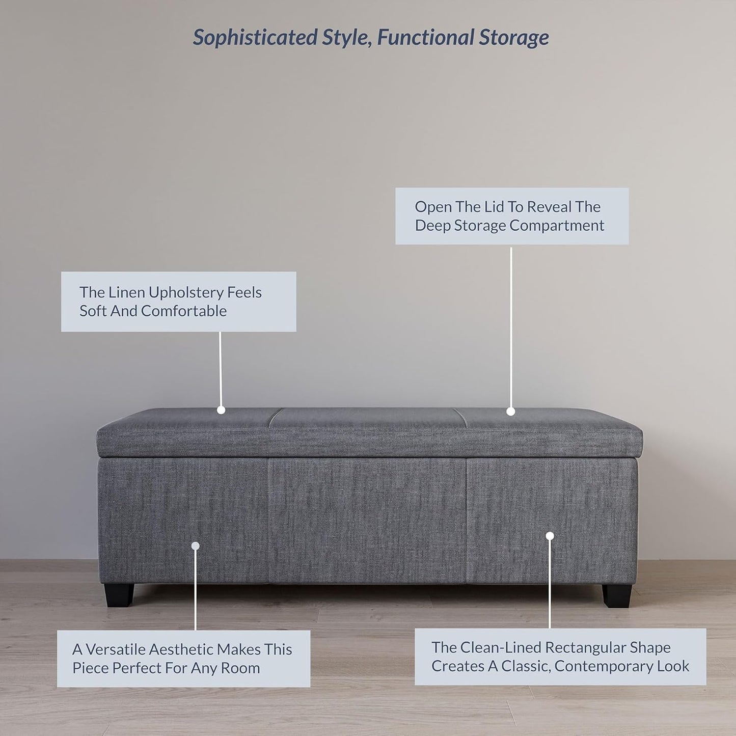 BELLEZE Storage Ottoman, 47 Inch Bench Bedroom Bench with Safety Close Hinge, Extra Long Ottoman with Storage for Living Room, Entryway, Hallway, Foot Rest, Support 300lbs - Gray