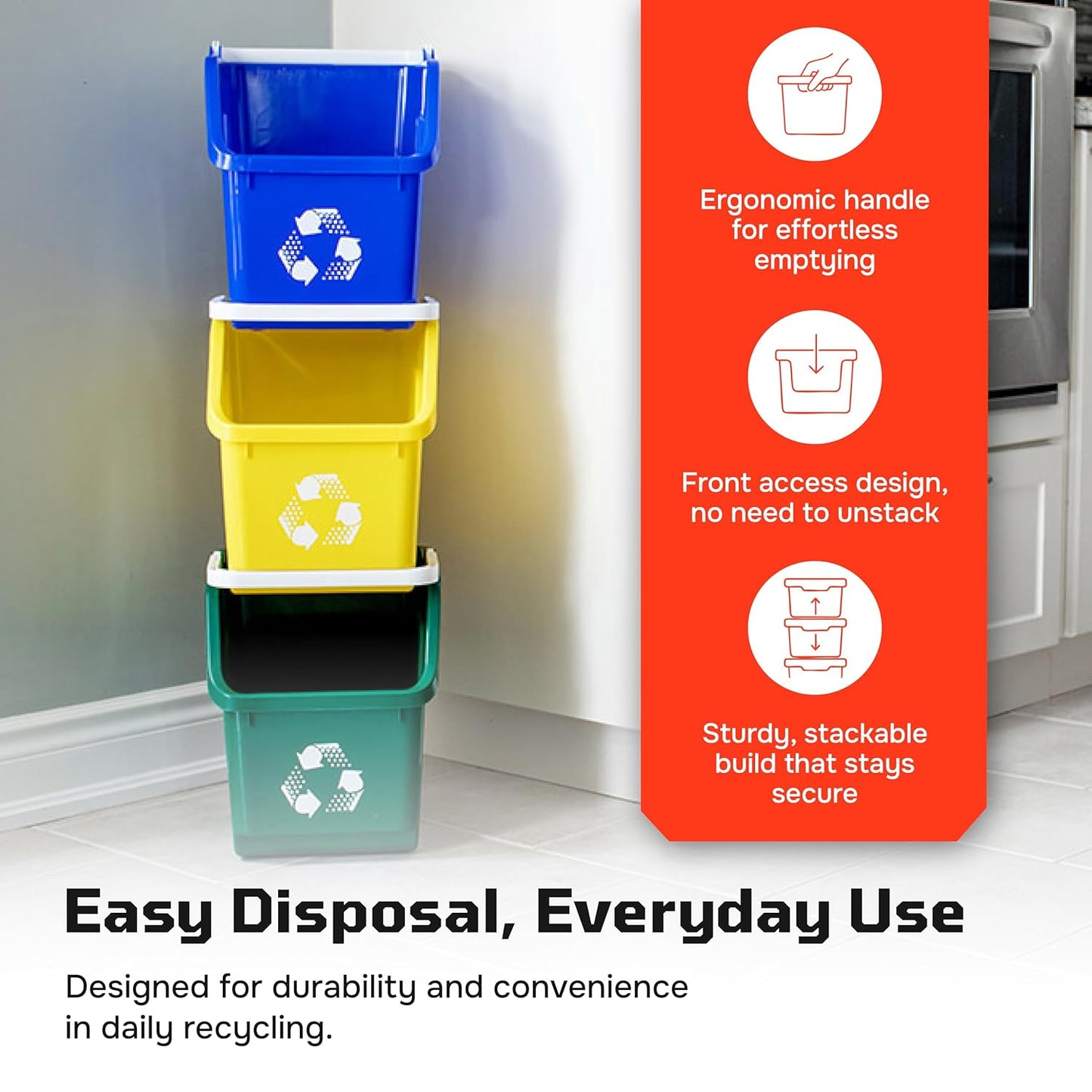 Multi Recycling Bin System with Three Stacking 6 Gallon Bins with Carrying Handles, Stackable and Compact for Offices, Homes, Garages, Businesses - (Grey, 6 Pack)