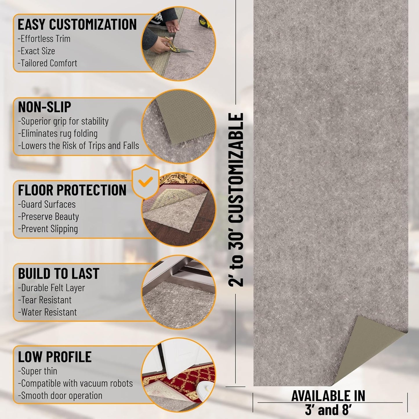 Ottomanson 8' x 9' Non-Slip Rug Pad Gripper 1/4 Inch Thick Dual Surface Felt + Rubber Gripper - Safe for All Floors, Brown