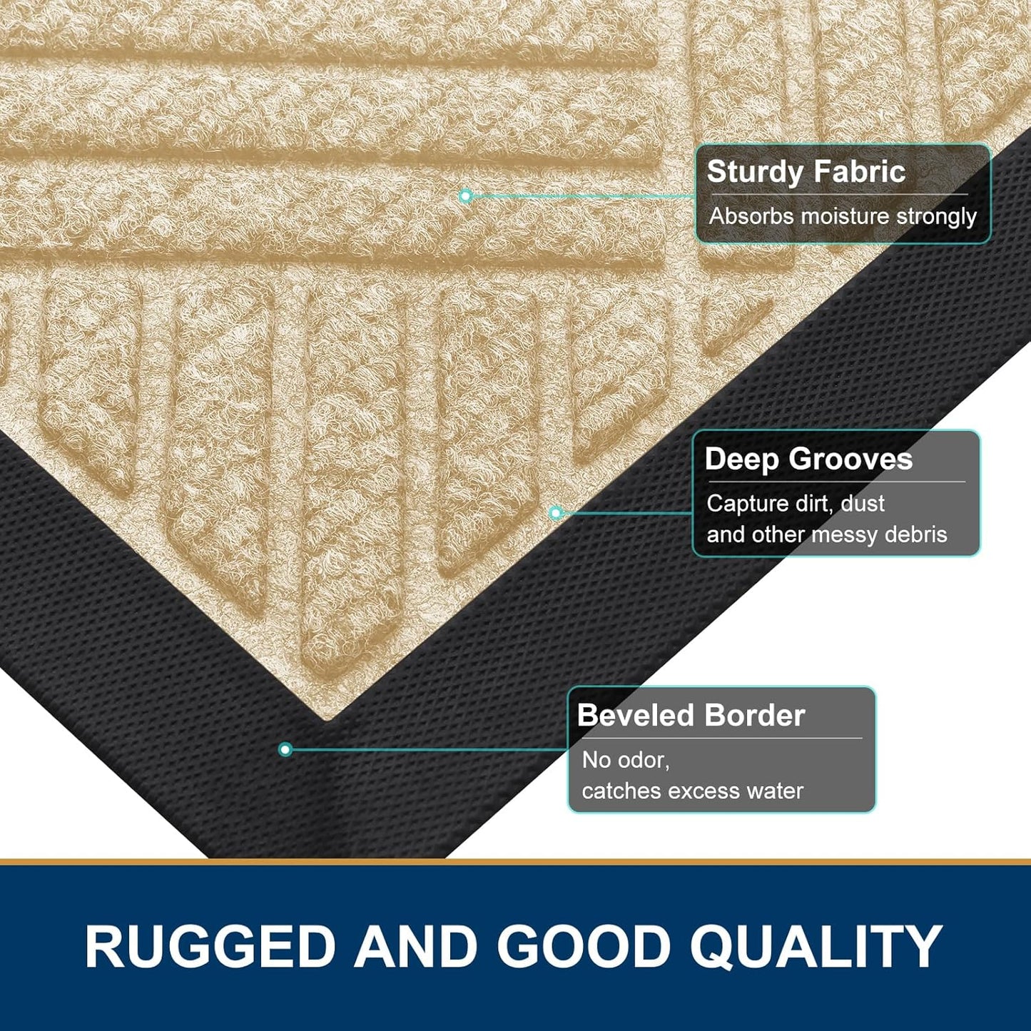 Smiry Front Door Mat Outside Entrance, Heavy Duty Outdoor Indoor Natural Rubber Doormat, Non Slip, Trap Dirt and Moisture, Easy Clean, Low Profile Patio Porch Entryway Mat, 29.5x17, Beige