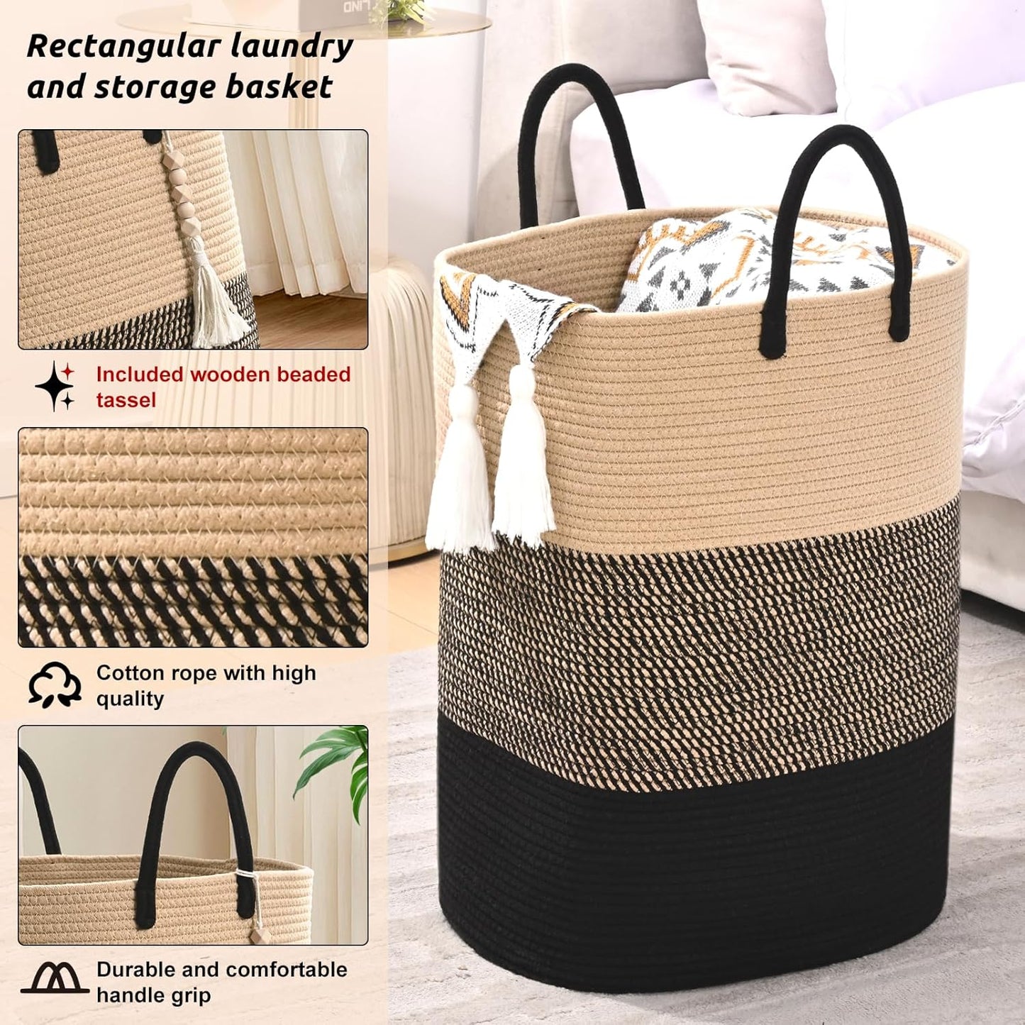 Woven Laundry Basket for Clothes, 50 L Large Rectangle Laundry Hampers with Beads Tassel, Nursery Storage Basket for Toys, Tall Dirty Clothes Hamper for Bedroom Aesthetic, Laundry Room Organization