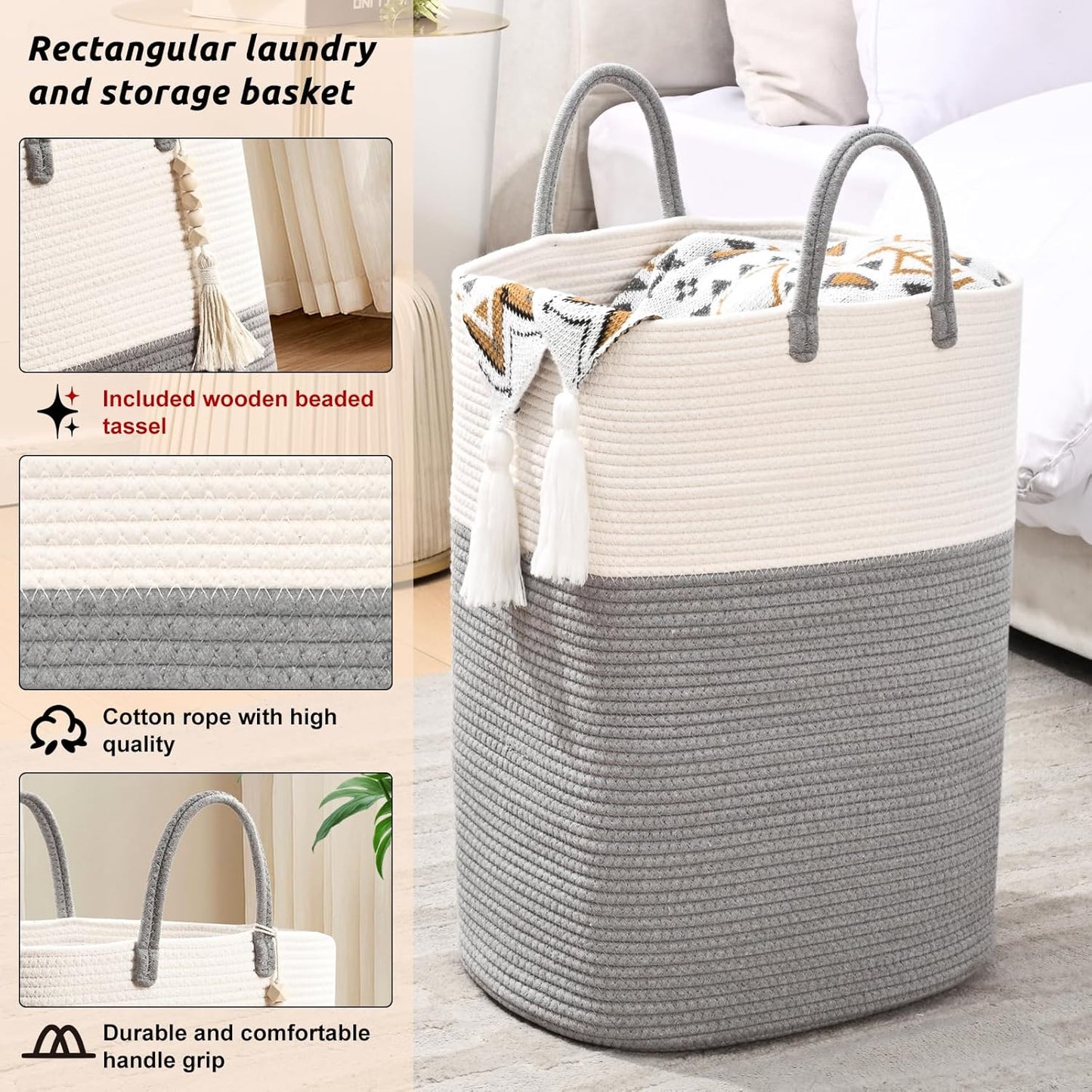 Woven Laundry Basket for Clothes, 50L Large Rectangle Laundry Hampers with Beads Tassel, Nursery Storage Basket for Toys, Tall Dirty Clothes Hamper for Bedroom Aesthetic, Laundry Room Organization