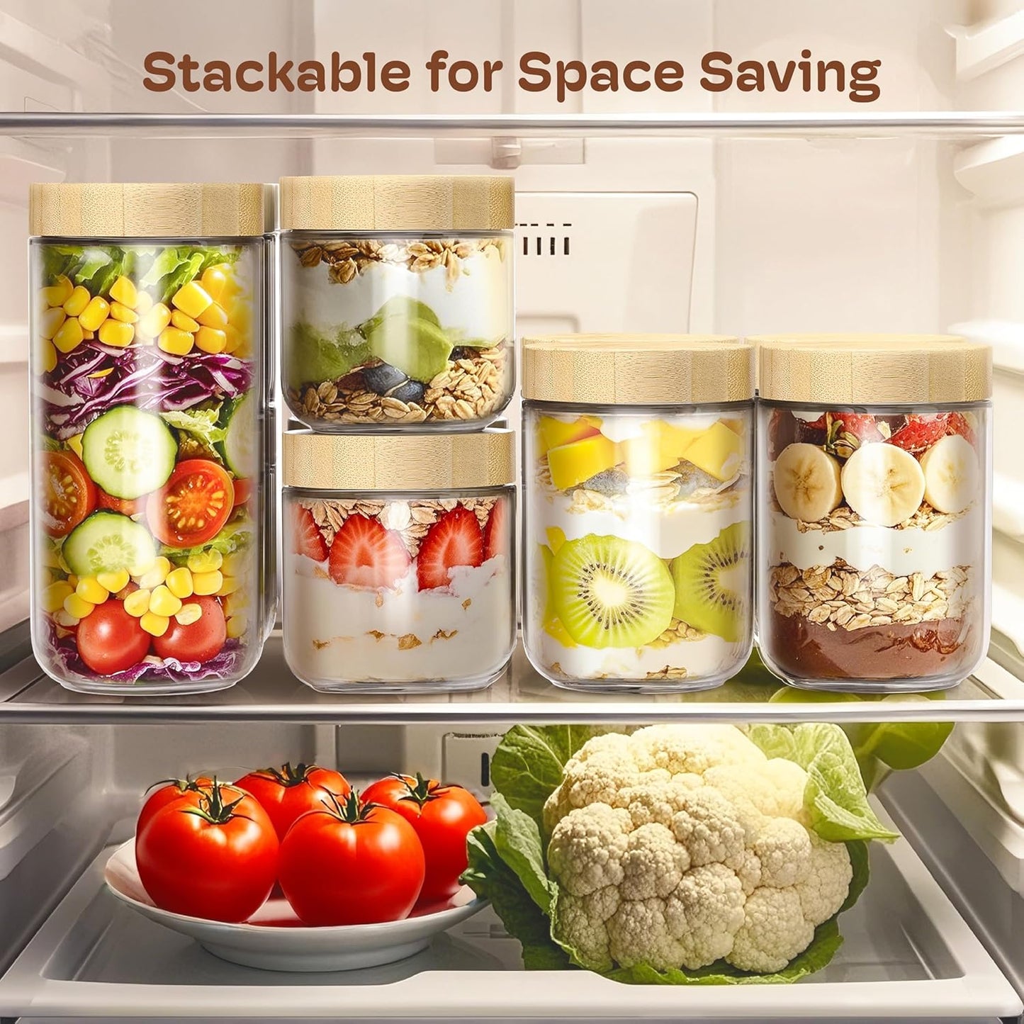 2 pack 24oz Overnight Oats Containers with Bamboo Lids, Glass Jars with Airtight Lids for Meal Prep, Wide Mouth Mason Salad Jars, Glass Food Storage Container for Yogurt Chia Snacks Spice Sugar