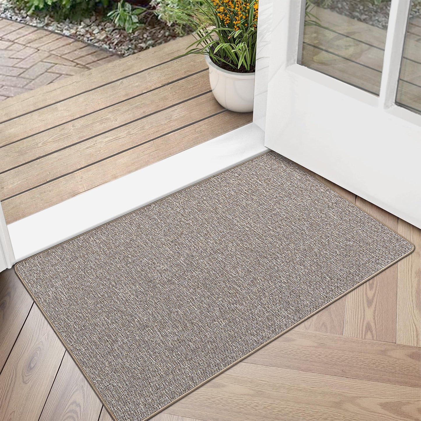 LUMI Ultra Thin Door Mat for Entryway, Low Profile Non Slip Rubber Backing Indoor Doormat, Easy Clean Welcome Entrance Mat for Inside House, Patio,Beige 20"x32"