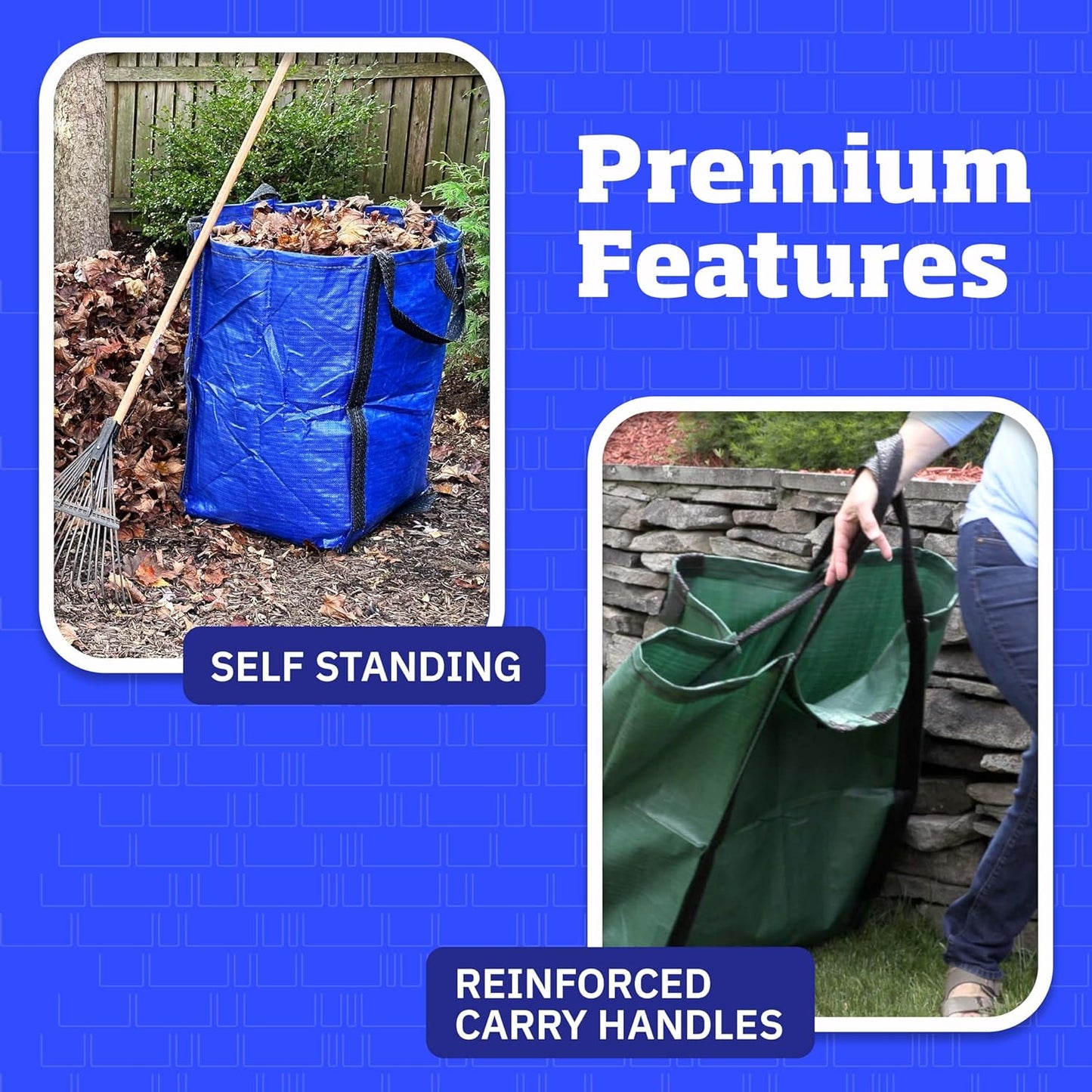 DURASACK Heavy Duty Home and Yard Bags 48-Gallon Reusable Self-Standing Lawn and Leaf Bags Garbage Can with Reinforced Handles, Blue