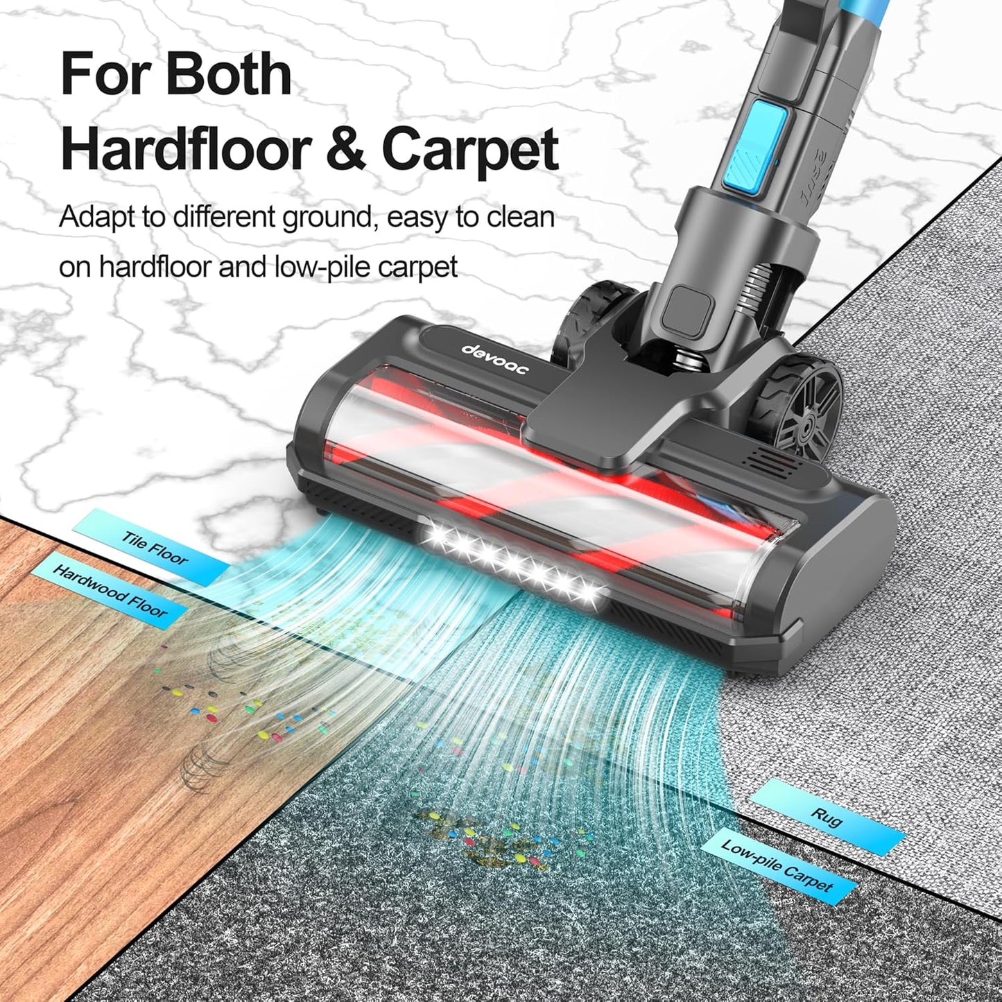 DEVOAC S11 Cordless Vacuum Cleaner, 50Kpa 50 Mins Vacuum Cleaners for Home,8 in 1 Lightweight Stick Vacuum with Self-Standing, Powerful Rechargeable Vacuum for Carpets, Pet Hair, Hardwood Floors