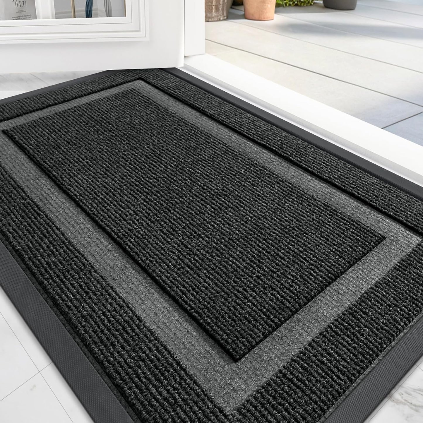 OLANLY Front Door Mat Indoor Outdoor Entrance, Waterproof All-Season, All-Weather Doormat, Sturdy Natural Rubber, Fade Resistant, Low Profile, Easy Clean Patio Porch Entryway Mat, 47x32, Black