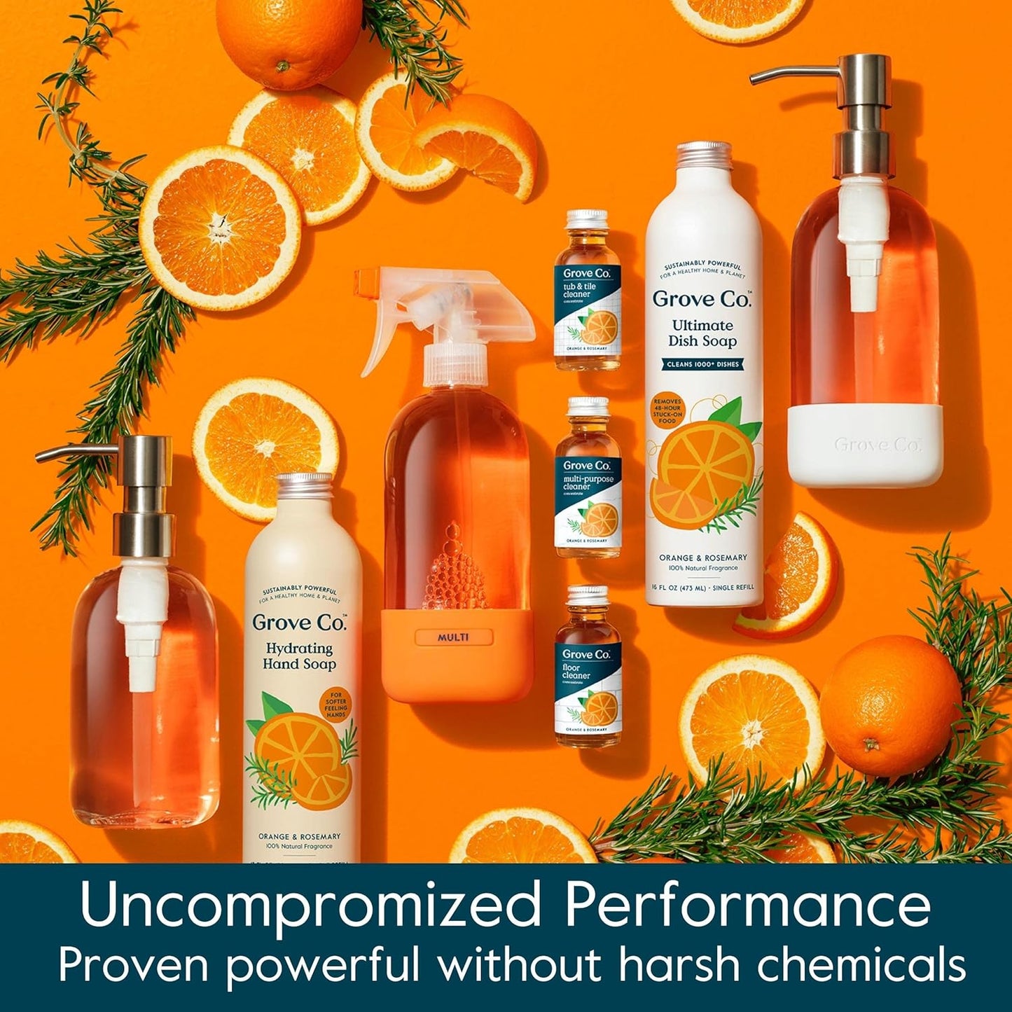 Grove Co. Tub and Tile Cleaner Refill Concentrate (2 x 1 Fl Oz) + 1 x Reusable Glass Spray Bottle (16 Oz) Plant-Based Cleaning Supplies Bundle, No Plastic Waste, 100% Natural Orange & Rosemary Scent